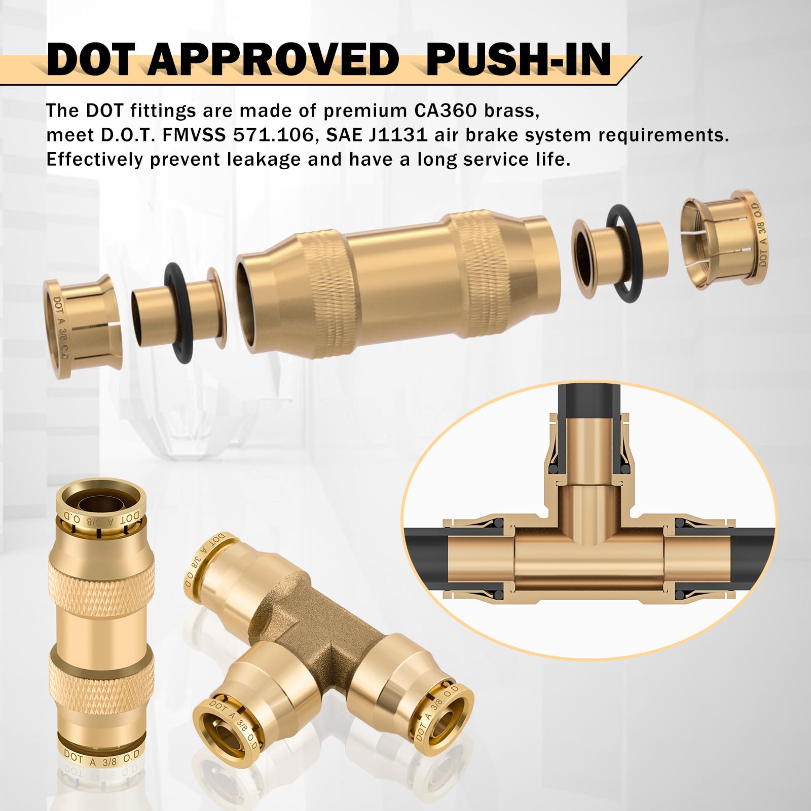 Cheemuii 35 Pcs Brass Dot Air Line Fittings Kit 1/4 3/8 1/2 Dot Quick Connect Air Fittings Straight & Tee Union Push To Connect