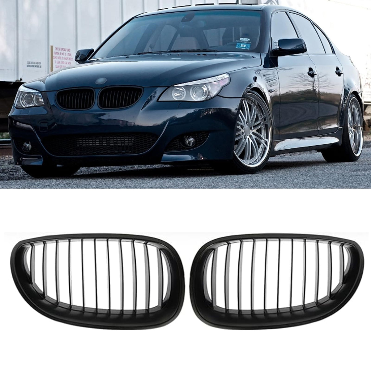 AceRide E60 Grille Front Bumper Kidney Grill Compatible with BMW 5-Series E60 E61 2004-2009 Single Slat Grills(Matte Black)