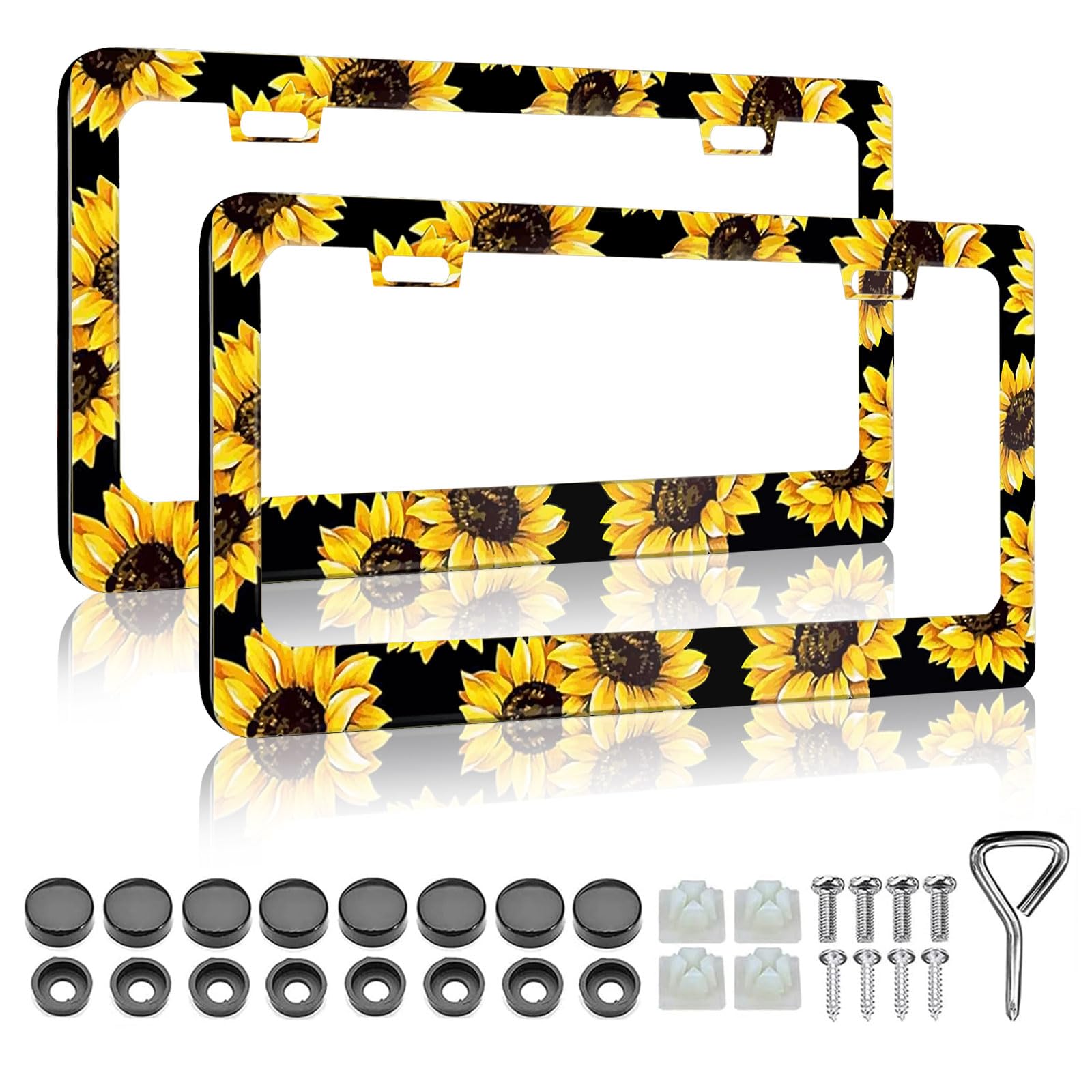 Sunflower License Plate Frame - 2 PCS Aluminum Metal Yellow Sunflowers License Plate Frames Holder Covers, Rust-Proof Waterproof