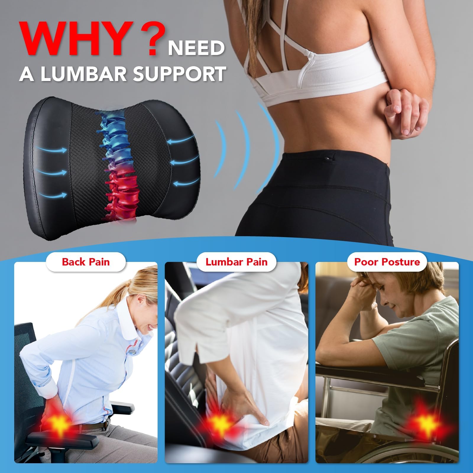 Lofty Aim Lumbar Support Pillow - Memory Foam Back Cushion for Car & Office, Classic 4D Mesh, Black, 12.2x16.9x4 inches
