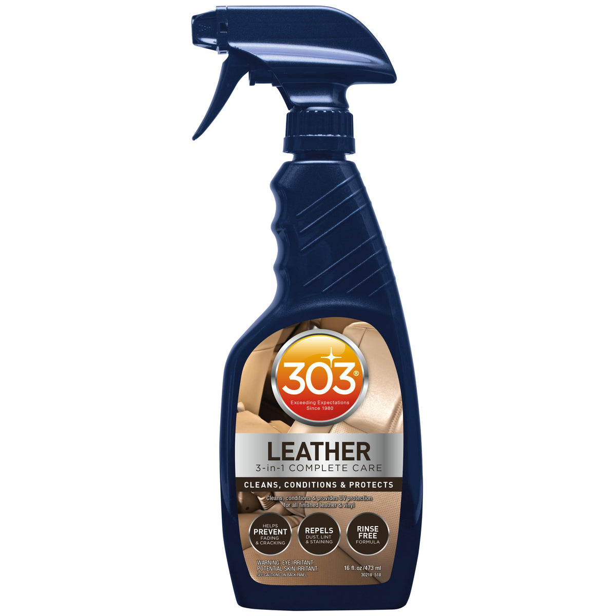 303 Products Leather 3-In-1 Complete Care - Cleans, Conditions, & Protects - Helps Prevent Fading & Cracking - Rinse Free Formula - Repels Dust, Lint, & Staining, 16 Fl. Oz. (30218Csr) Packaging May Vary