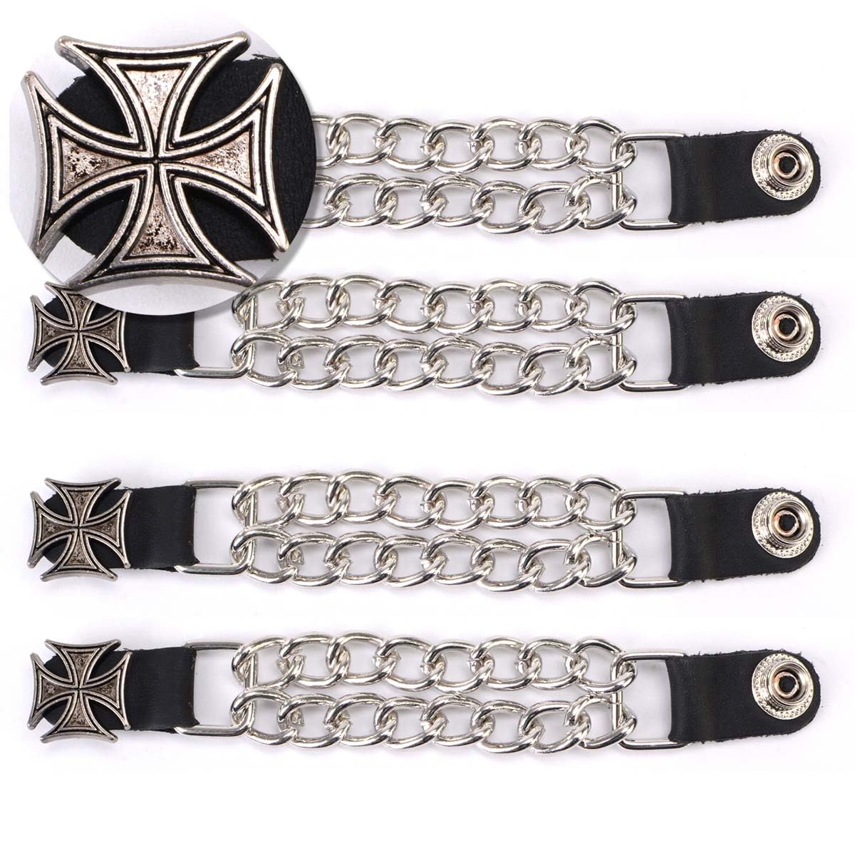 Milwaukee Leather MLA6045SET Iron Cross 4-PCS Vest Extender Double Chrome Chains w/Genuine Leather 6'' Extension - 6 Inch