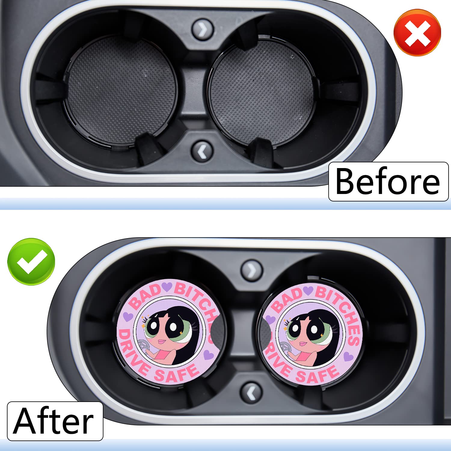 Jupswan Car Cupholder Coaster Absorbent 2 Pack Cute Cartoon Girl Design Rubber New Automotive Cup Holder Decal Decor Accessories