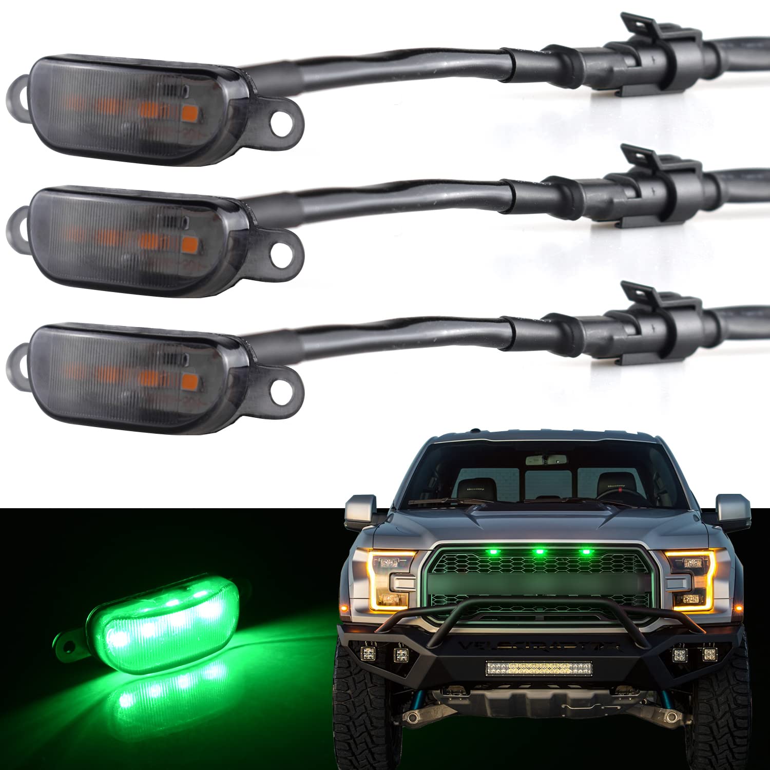 Boigoo Front Grille Lights Compatible For Dodge Ram 1500 2013-2018 & Ford F-150 Raptor 2004-2019, Cars Grid Grilles (Green - Smoked Lens)