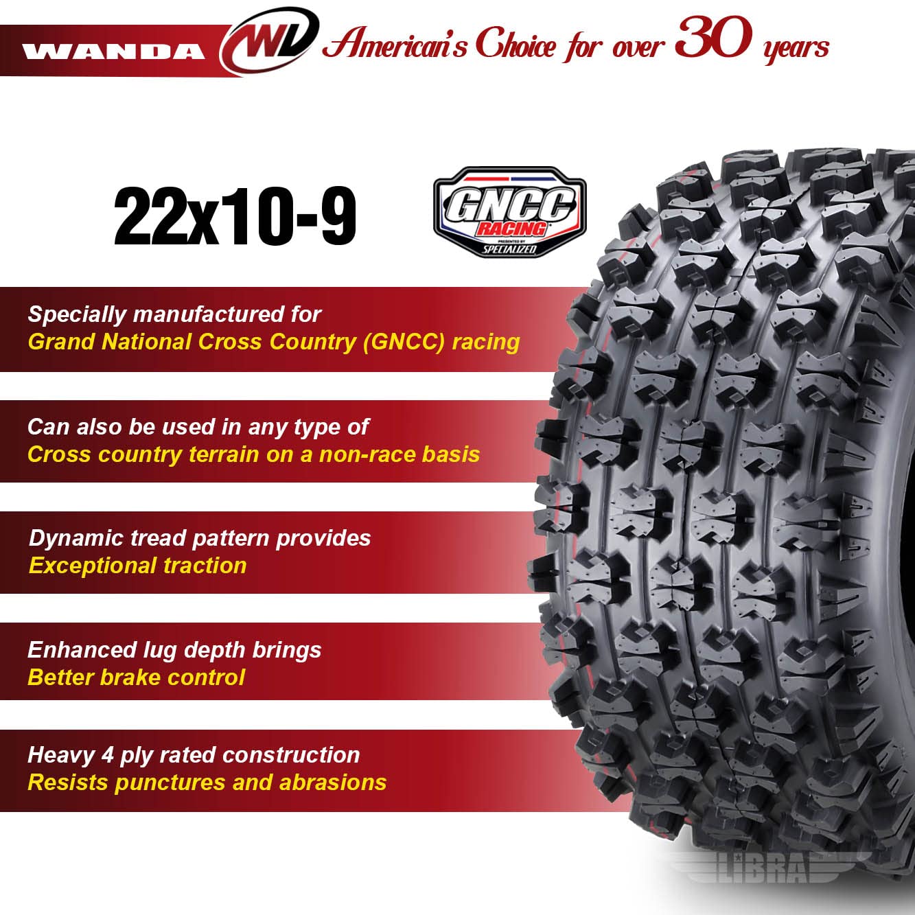Wanda Set 2 Sport Atv Tires At 22X10-9 22X10X9 P357 Gncc (Grand National Cross Country) Race Tire 0.71'' Lugs 10263
