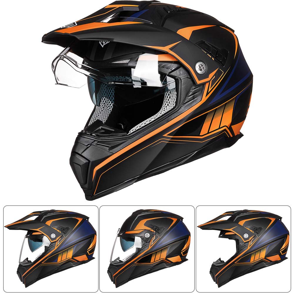 Ilm Off Road Motorcycle Dual Sport Helmet Full Face Sun Visor Dirt Bike Atv Motocross Casco Dot Certified Model 606V(Orange, Xl)