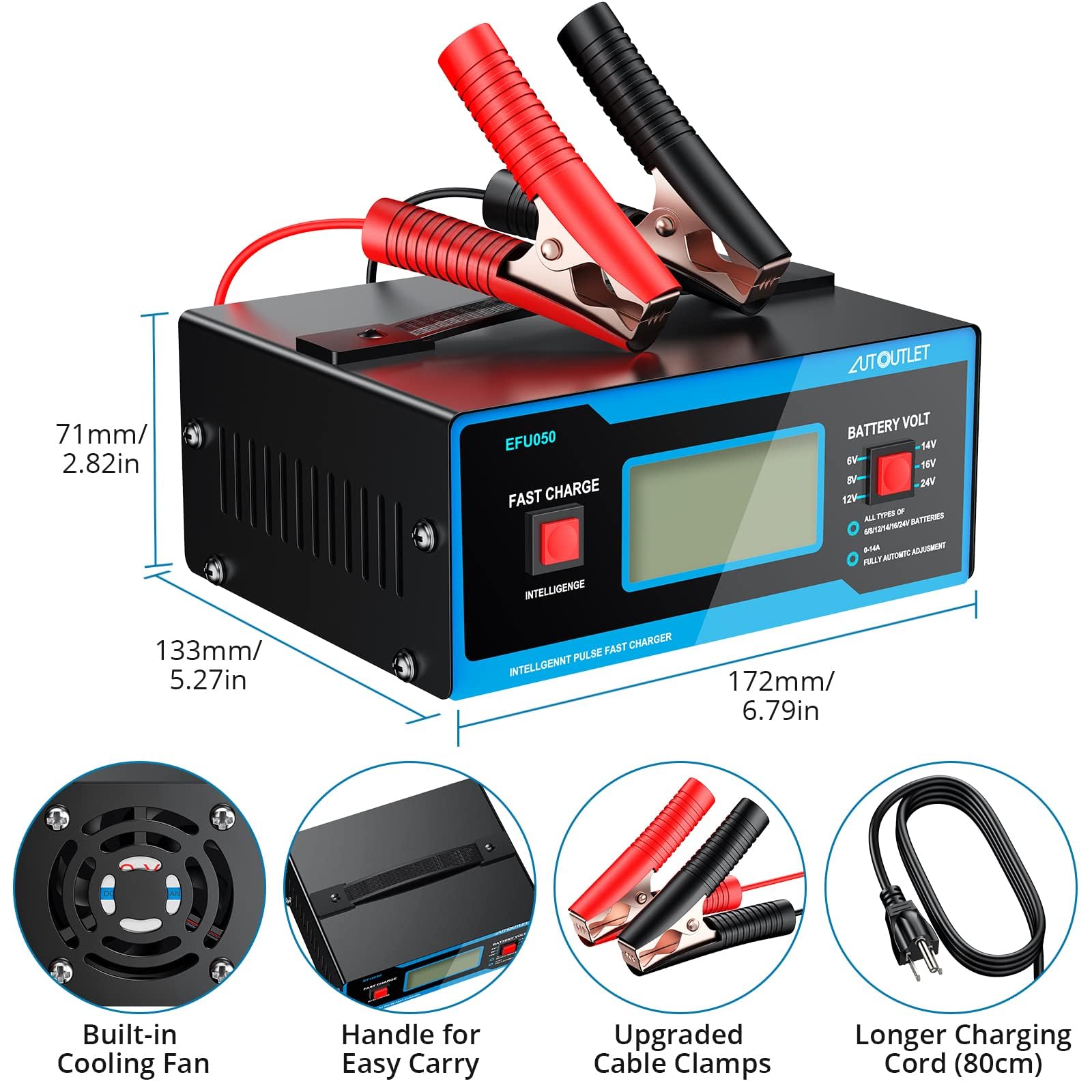 Autoutlet 8 Volt Battery Charger Automotive Battery Charger And Maintainer 0-10A With Upgraded Cable Clamps For 6/8/12/14/16/24V Lead-Acid Batteries