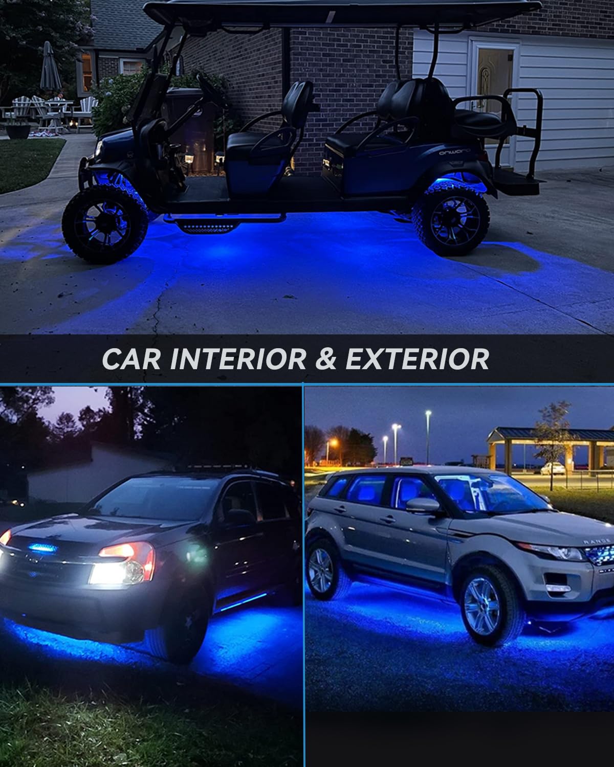Car Led Strip Lights 24' Connectable Blue Led Light Strips For Cars Interior Lights Boat Marine Golf Cart Trucks Waterproof Led Strip 12V, 4Pack