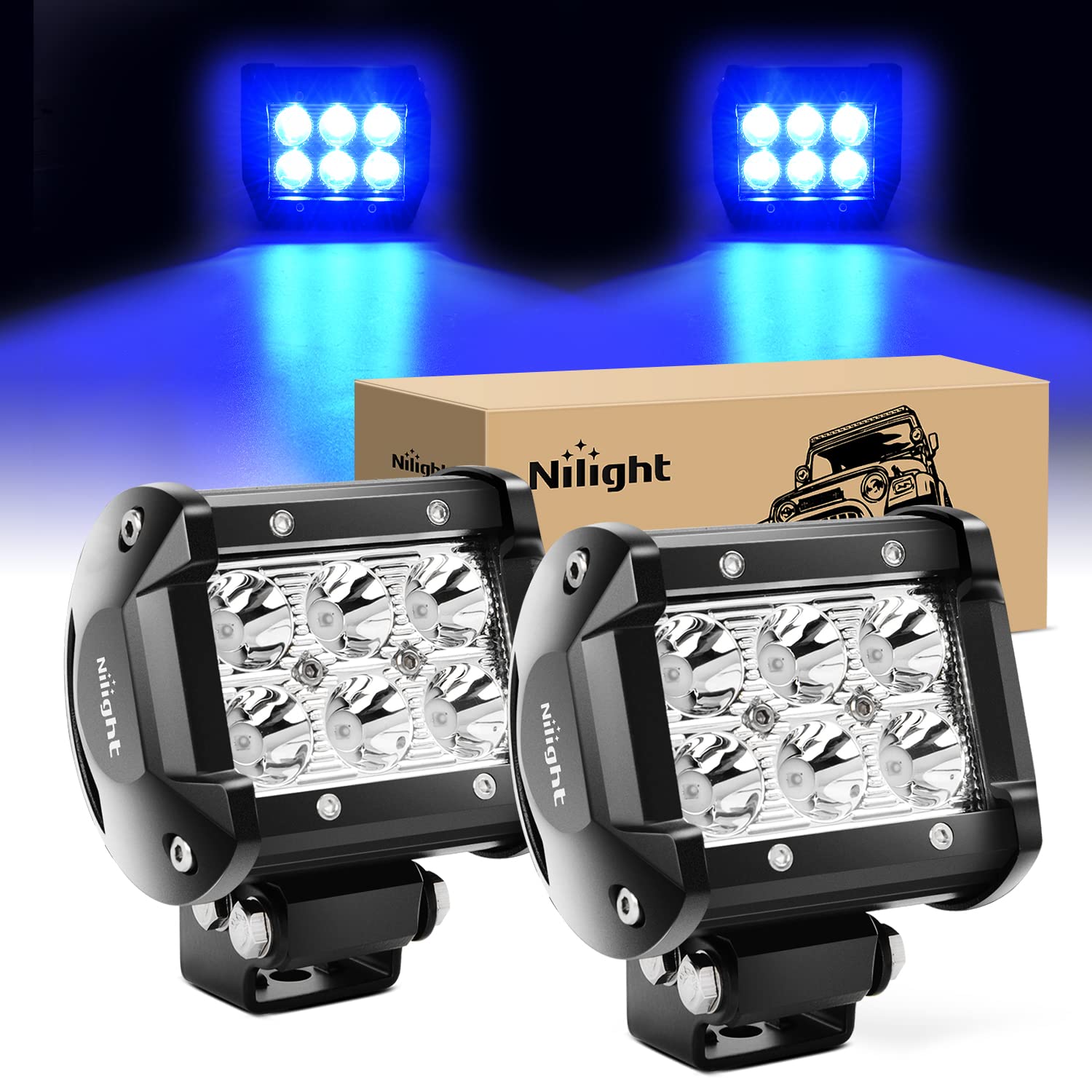 Nilight 4 Inch Led Light Pod Blue Spot Driving Fog Light 2Pcs 18W Off Road Fishing Hunting Emergency Safety Signal Deck Trailer