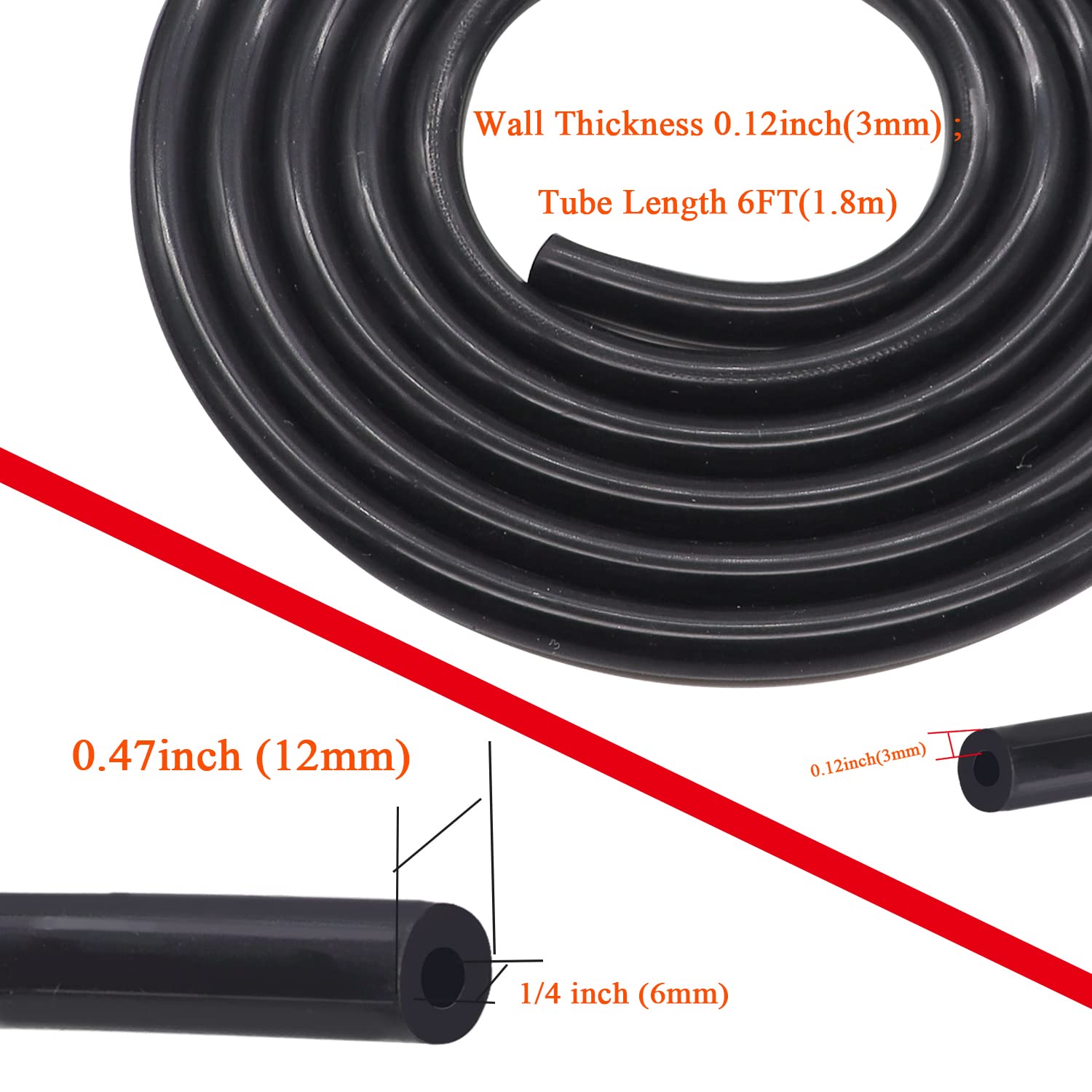 Taiss Black Silicone Vacuum Tubing Hose,High Temperature Car Modified Air Intake Pipe,Id 1/4 Inch (6Mm), Tube Length 6Ft(1.8M)