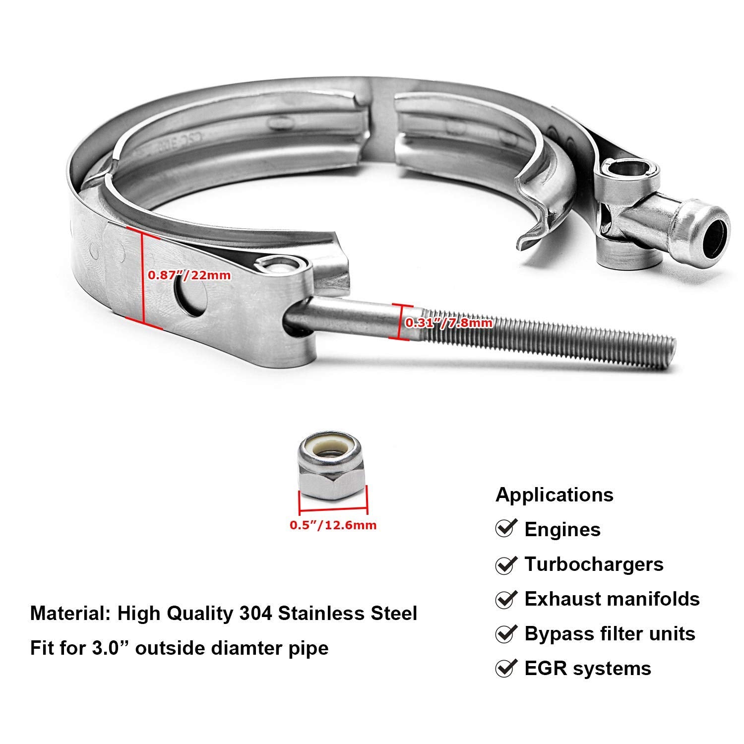 Ptnhz Universal Stainless Steel 3.0' V Band Clamp For Turbo, Downpipes, Exhaust Systems(2.0'/2.5'/2.75'/3.0'/3.25'/3.5'/4.0')