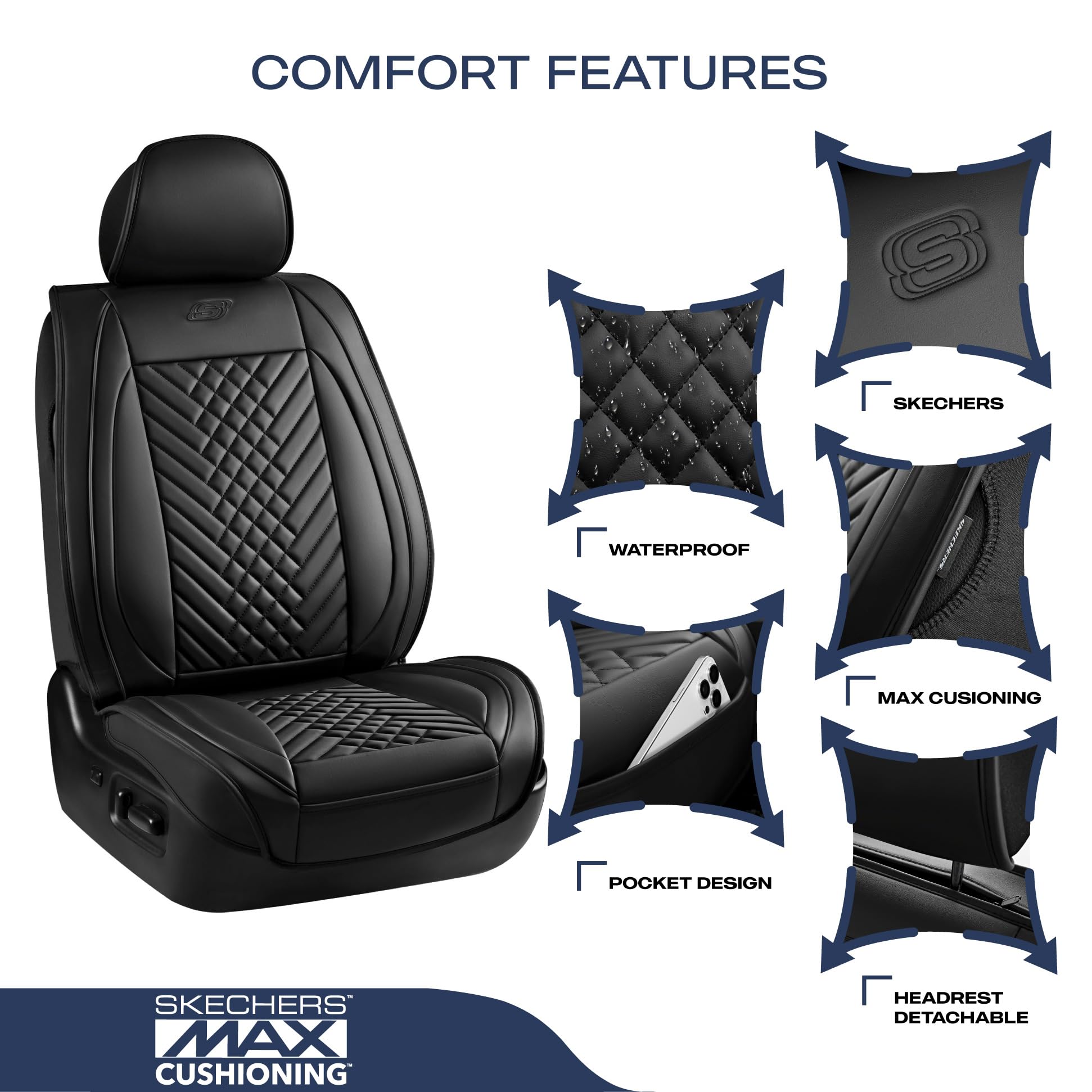 Skechers Car Seat Covers,MAX Cushioning Memory Foam Piping Leather Seat Covers,Waterproof Car Seat Protector Full Set,Car Seat C