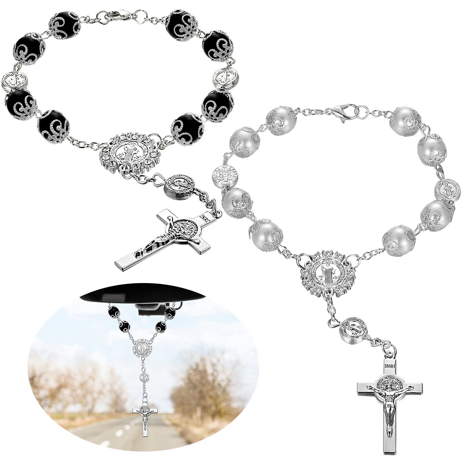 Saint Benedict Car Rosary 2 Pcs Rearview Mirror Auto Rosary Hanging Personalized Car Cross Blessing Catholic Car Medal For Truck Bike Motorcycle Car Mirror Hanging Accessories Decors (Silver, Black)