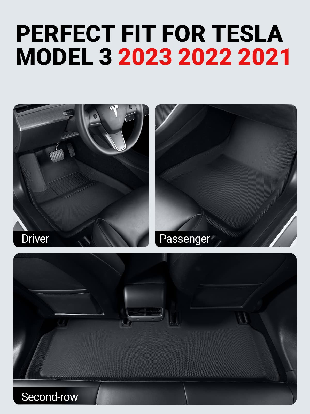 Basenor 6Pcs Floor Mats For Tesla Model 3 All-Weather Full Set Mats Anti-Slip Cargo Liner 3D Rear Cargo Tray Trunk Mat Car Mats
