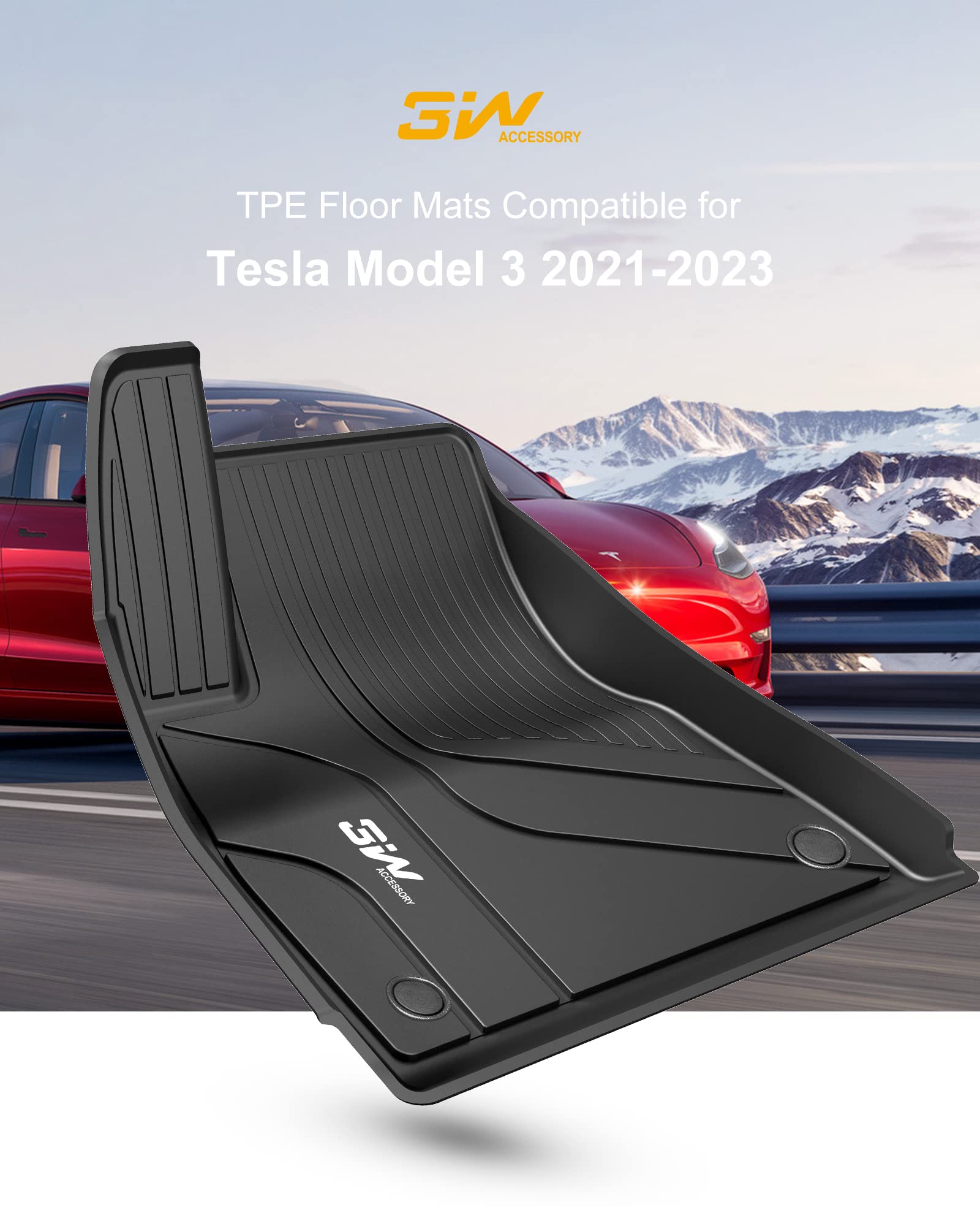 3W Tesla Model 3 Floor Mats And Trunk Mat, All-Weather Tpe Floor Liner Compatible For Tesla Model 3 2021-2023, Full Set Black Fl
