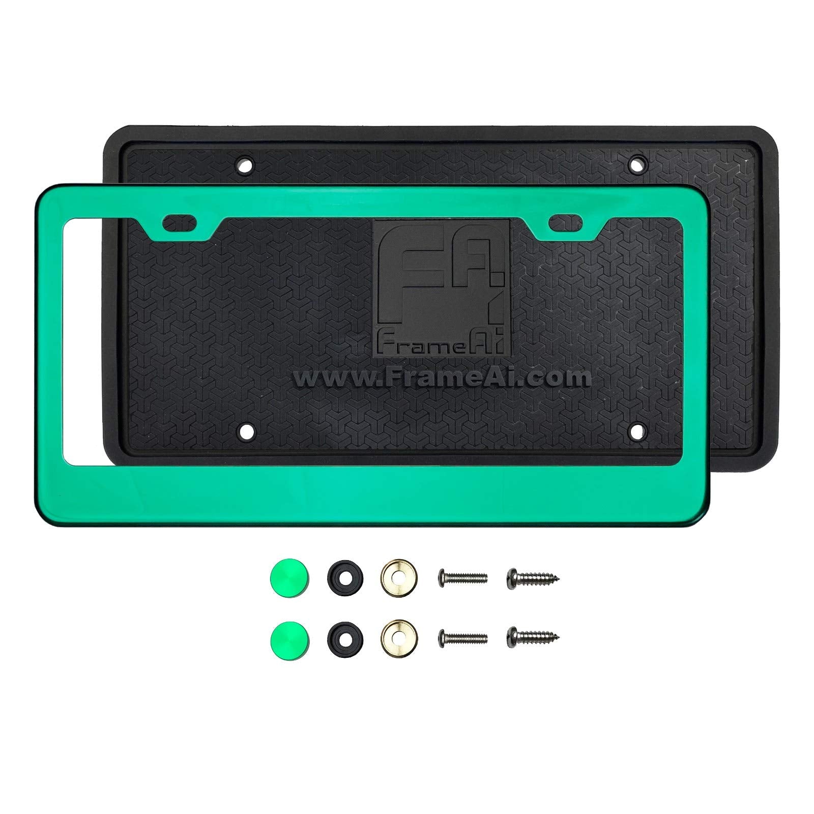 Silicone Back Guard License Plate Holder Green Chrome Mirror License Plate Frame T304 Stainless Steel + Metal Screw Caps