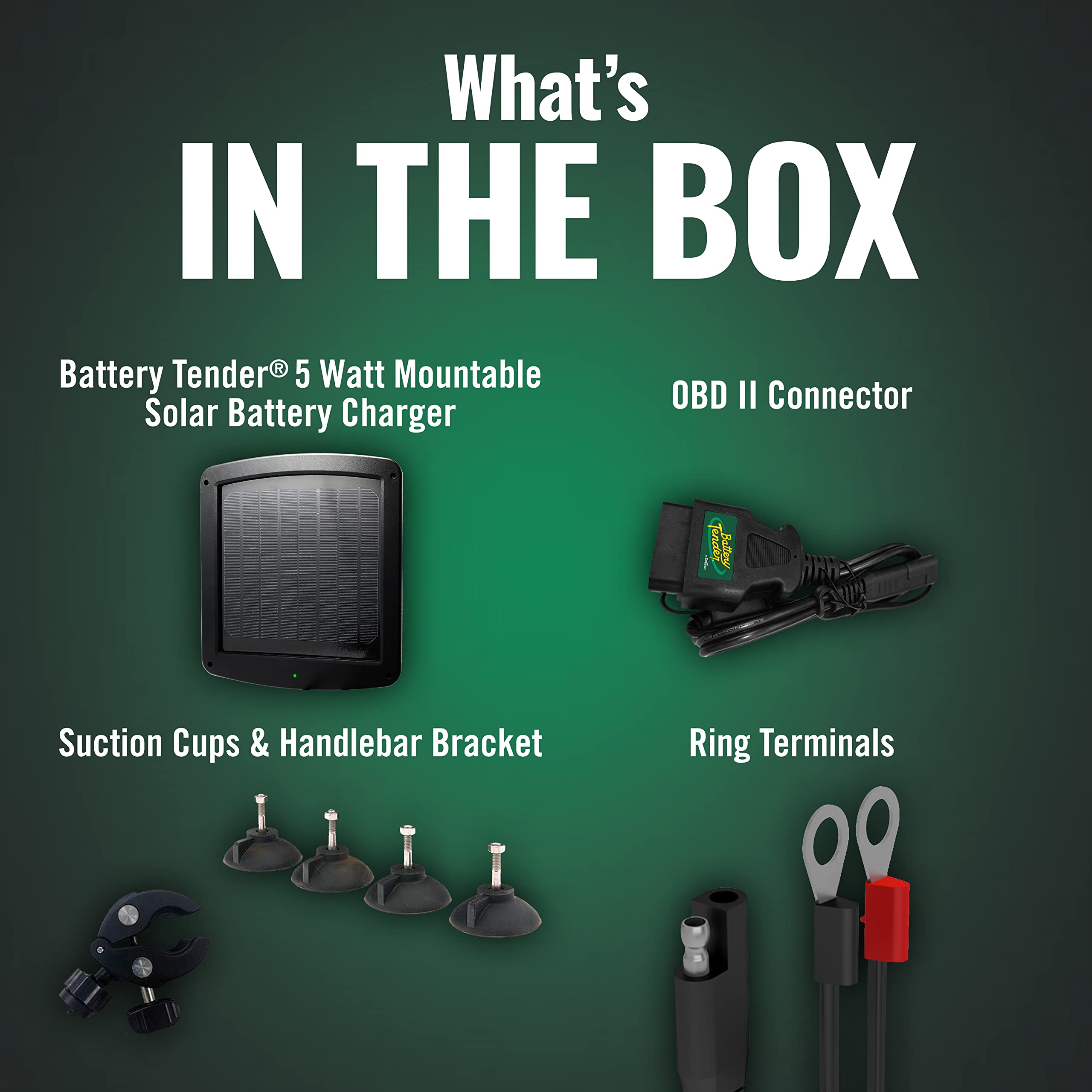 Battery Tender 5 Watt Solar Panel 12V Battery Charger with Charge Controller - IP67 Weatherproof - Windshield or Handlebar Mount