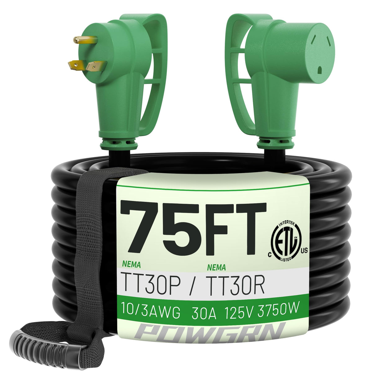 Powgrn 30 Amp Rv Extension Cord 75 Ft Outdoor With Grip Handle, Flexible Heavy Duty 10/3 Gauge Stw 3 Prong Rv Power Cord Waterpr