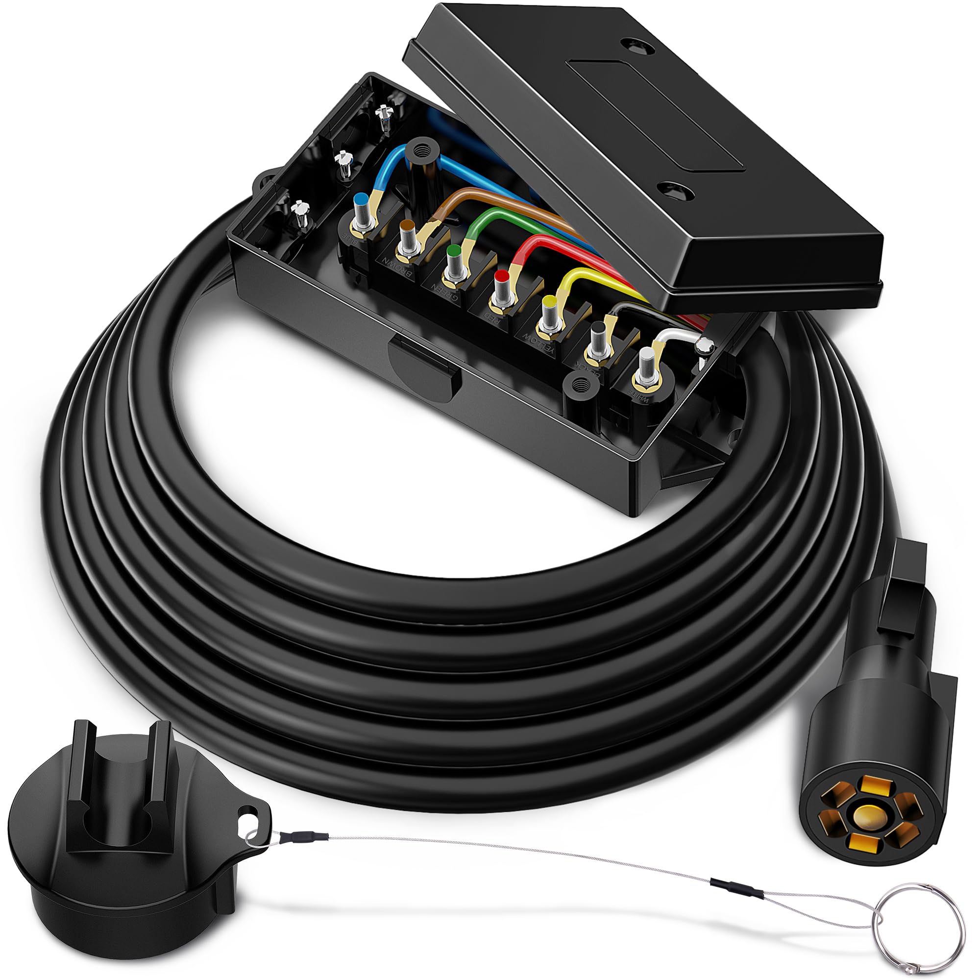 MICTUNING Heavy Duty 7 Way Plug Inline Trailer Cord with 7 Gang Junction Box 8 Feet, Weatherproof