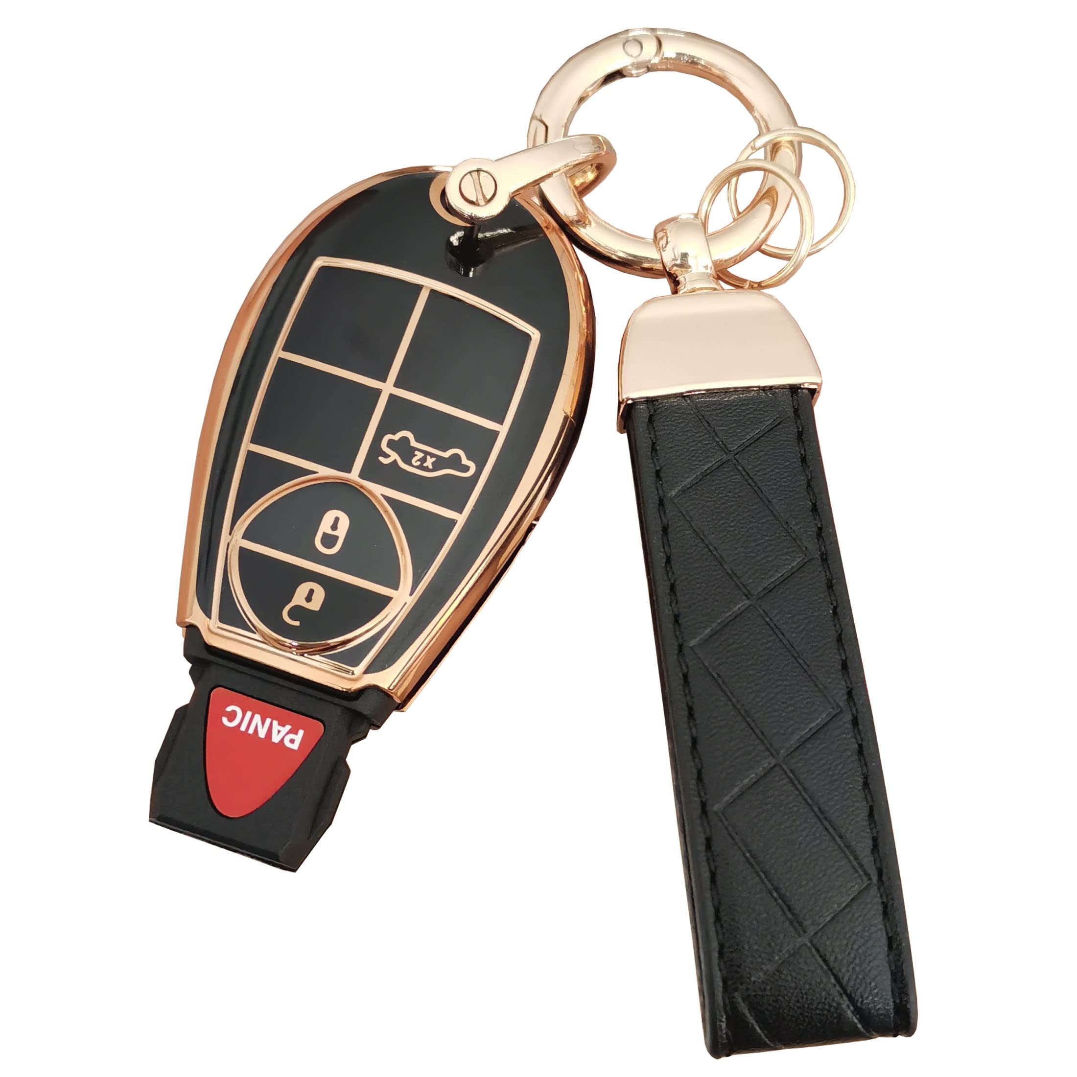 AIOEUOIA For Dodge Key Fob Cover With Leather Keychain Keyless Entry Remote Control Key Case Protector Fit For Chrysler Town and