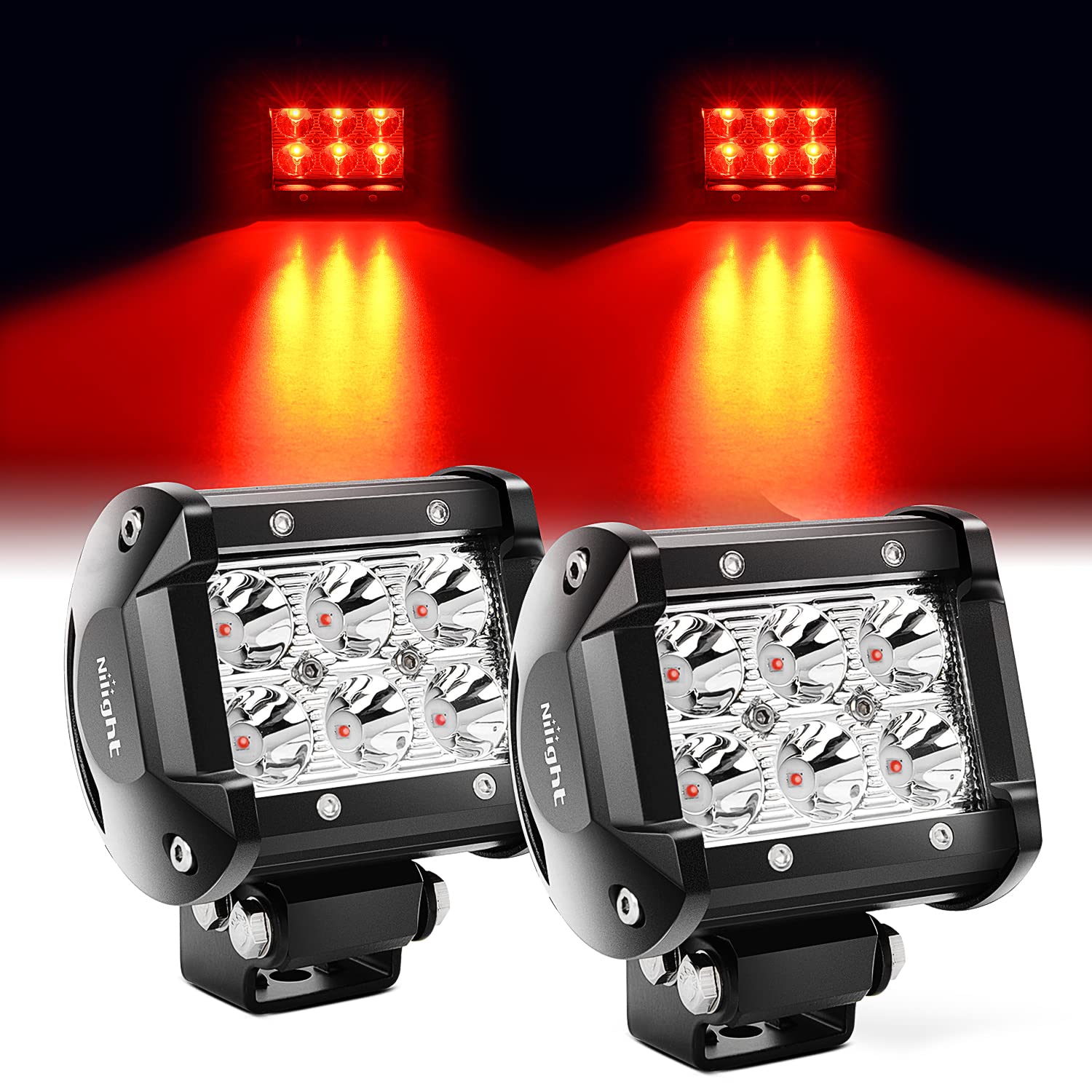 Nilight 4 Inch Red Led Light Pod Spot Driving Fog Light 2Pcs 18W Off Road Fishing Hunting Emergency Safety Signal Deck Trailer H