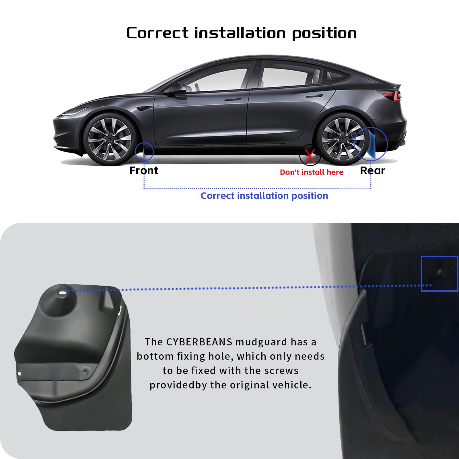 CYBERBEANS 4Pcs Fenders for Tesla Model 3 Highland Accessories 2024 2025 Flexible Mud Flaps No Drilling/Tape Splash Guards All W