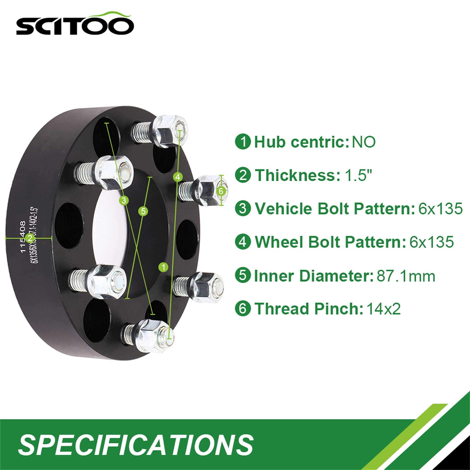 SCITOO 6x135 Wheel Spacers 1.5 inch Thick Hub Bore 87.1mm with 14x2 Studs, Black 6 Lug Wheel Spacers Fit for Navigator 2003-2014