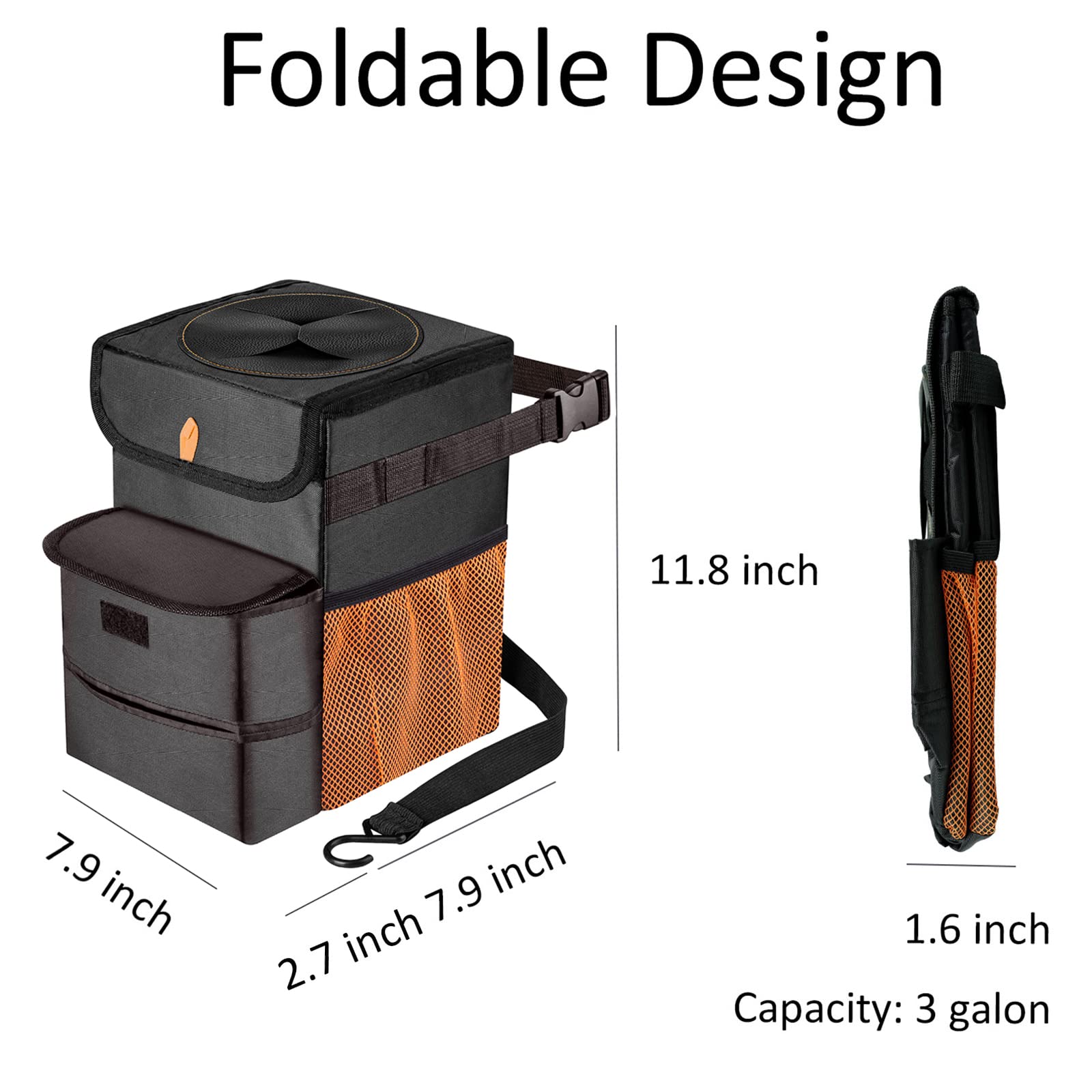 Gpusfak Car Trash Can Foldable Garbage Bin Leakproof 3 Gallons Black Orange