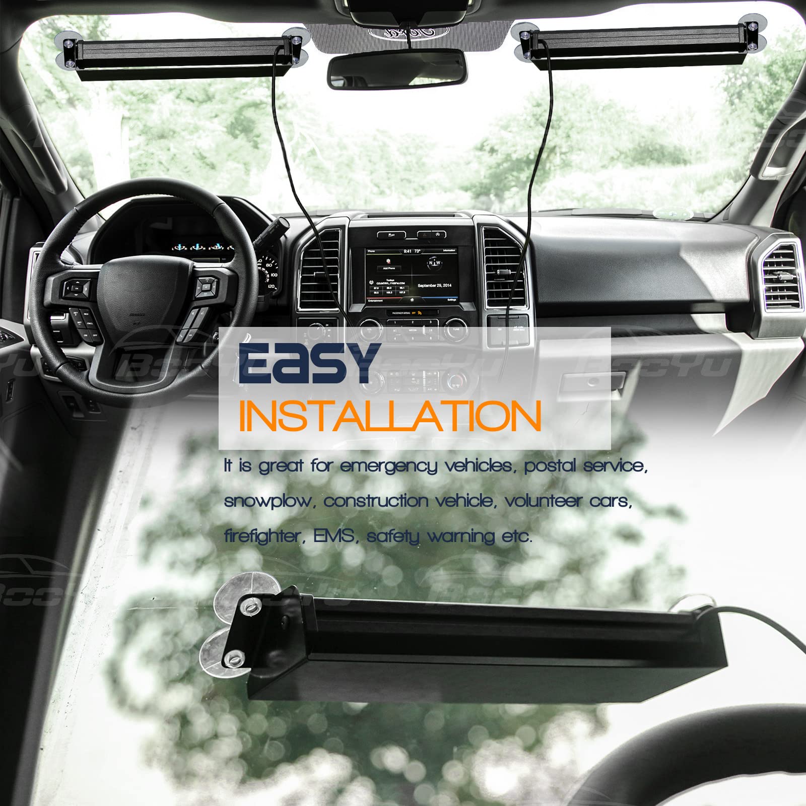 Booyu 14.8In Led Windshield Emergency Strobe Dash Light Bar 12/24V Interior Visor Deck Flashing Hazard Safety Warning Lights For Police Law Enforcement Pov Trucks Vehicles [Amber/Blue][12 Leds][18W]