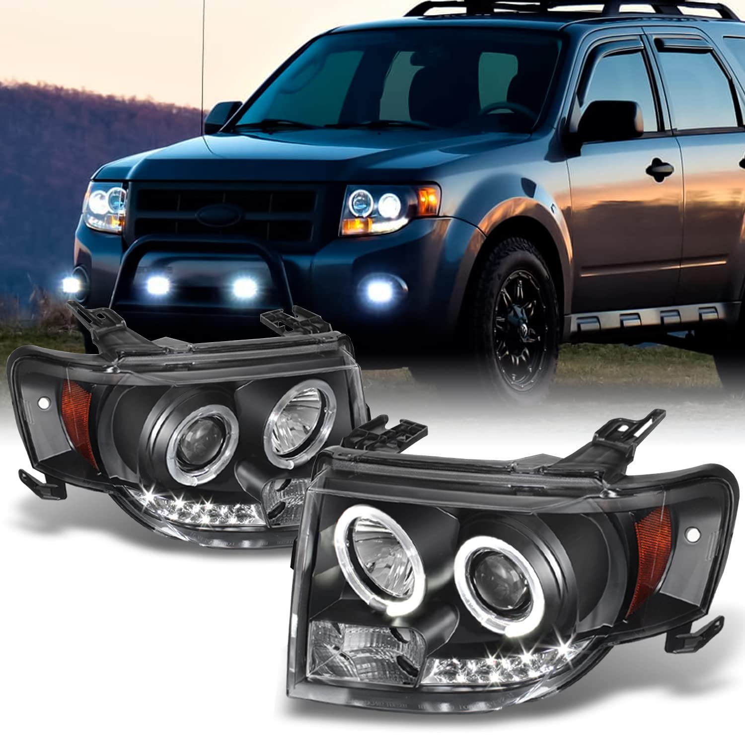 Akkon - For 2008-2012 Ford Escape Black Bezel Dual Halo Ring Led Design Halogen Type Projector Headlights Front Lamps Pair