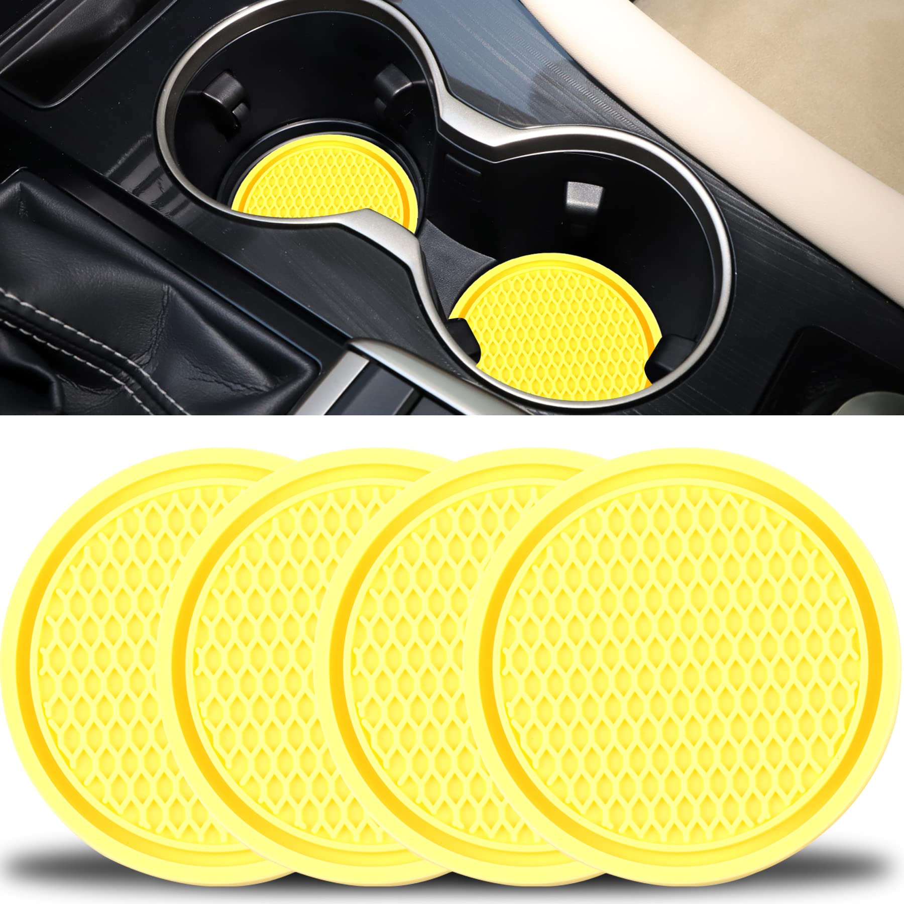Singaro Car Cup Coaster, 4Pcs Universal Non-Slip Cup Holders Embedded In Ornaments Coaster, Car Interior Accessories, Yellow