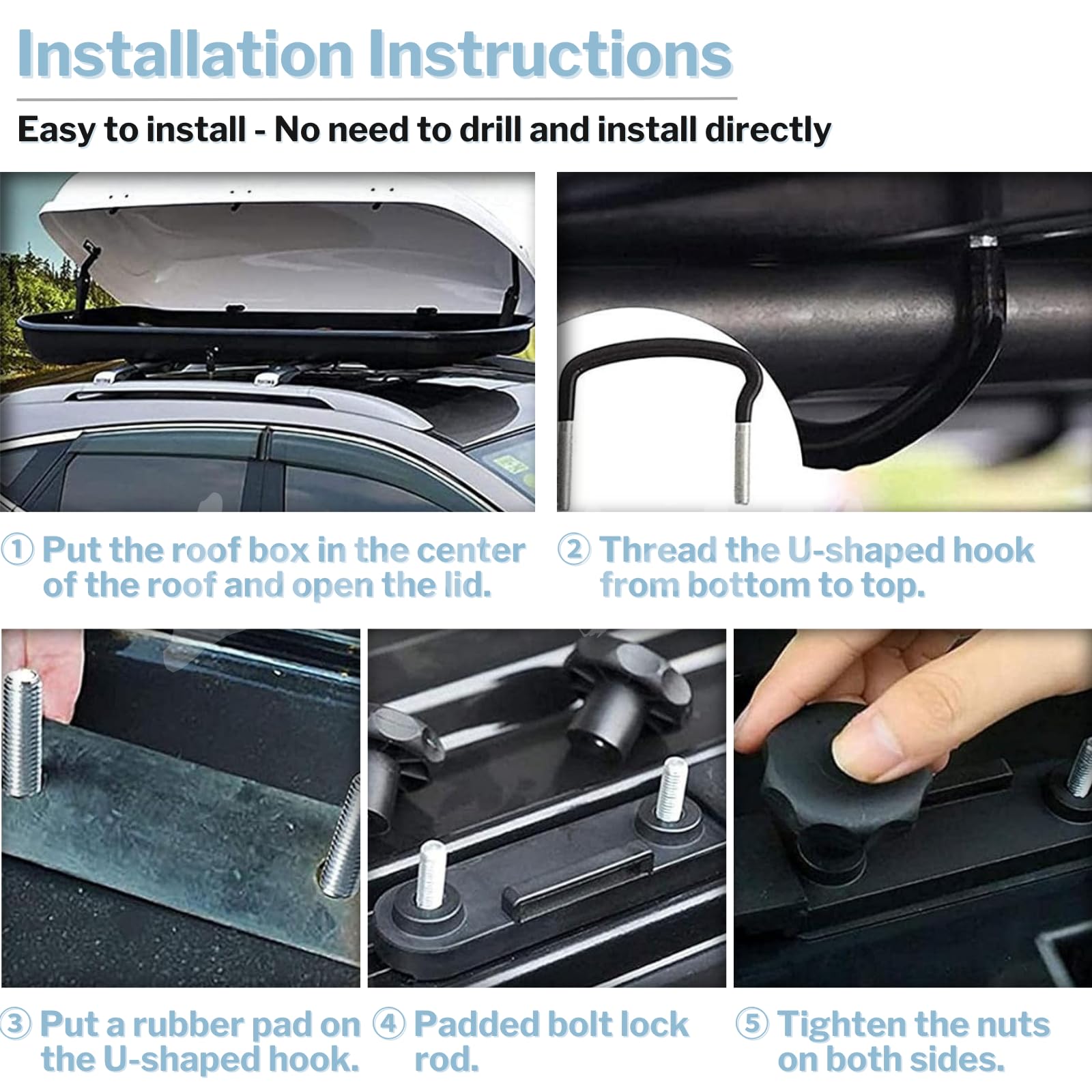 4 Pcs Universal Roof Box U-Bolt Clamps, Upgraded Rooftop Cargo Carrier Rack Bolts, Car Van Mounting Fitting Kit 85Mm Inner Width Metal U-Bracket Clips W/ 8 Lock Nuts 2 Straps