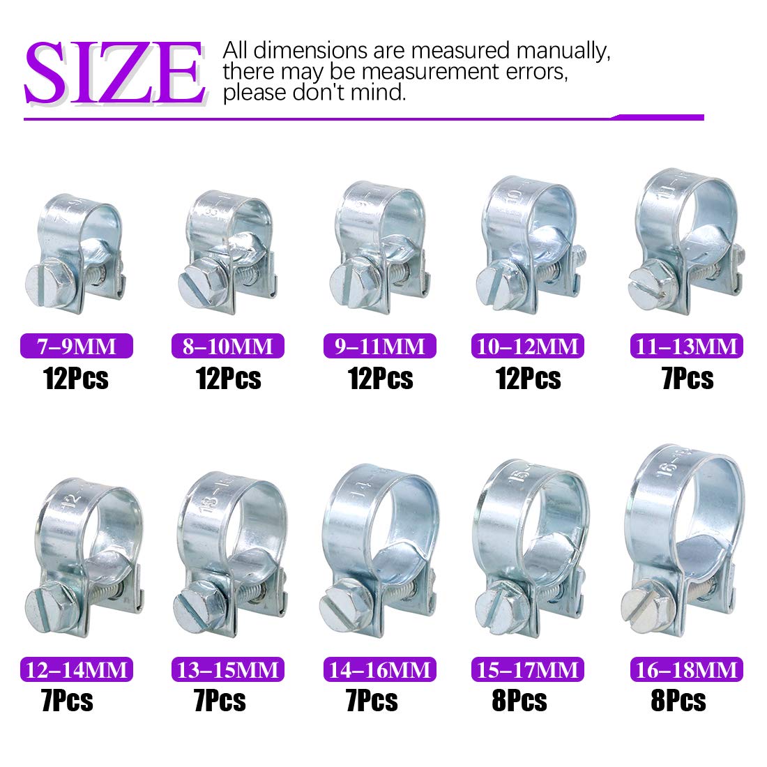 Swpeet 92Pcs 10 Sizes Zinc Plated Mini Fuel Injection Line Style Hose Clamp Assortment Kit Perfect For Automotive, Agriculture, Plant & Construction