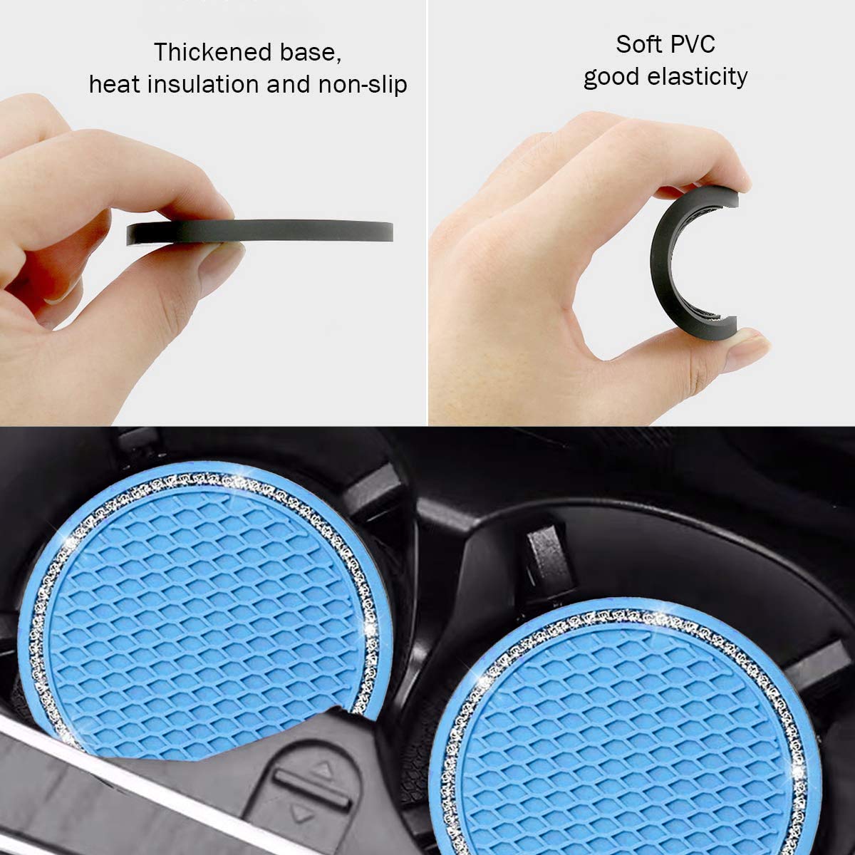 2Pcs Universal Bling Car Cup Coaster,Rhinestone Car Accessories 2.75 Inch Car Cup Holder Insert Mat Pad Set,Suitable For Most Car Interior (Blue)
