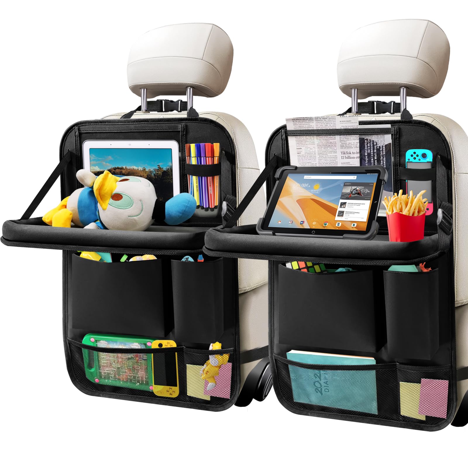 Zecirl 2Pack Car Backseat Organizer with Foldable Table Tray,6 Storage Pockets Car Storage Organizer with Tablet Holder,Car Seat
