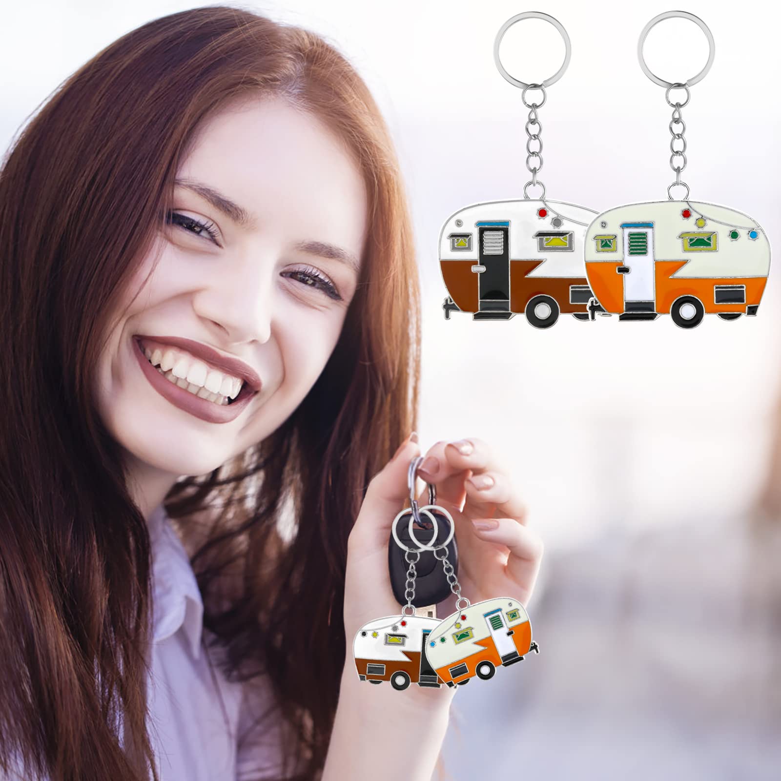 2 Pieces Camper Keychain, Rv Camper Keyring Camper Accessories For Travel Trailers Retro Camping Car Keychain (Yellow+Brown)
