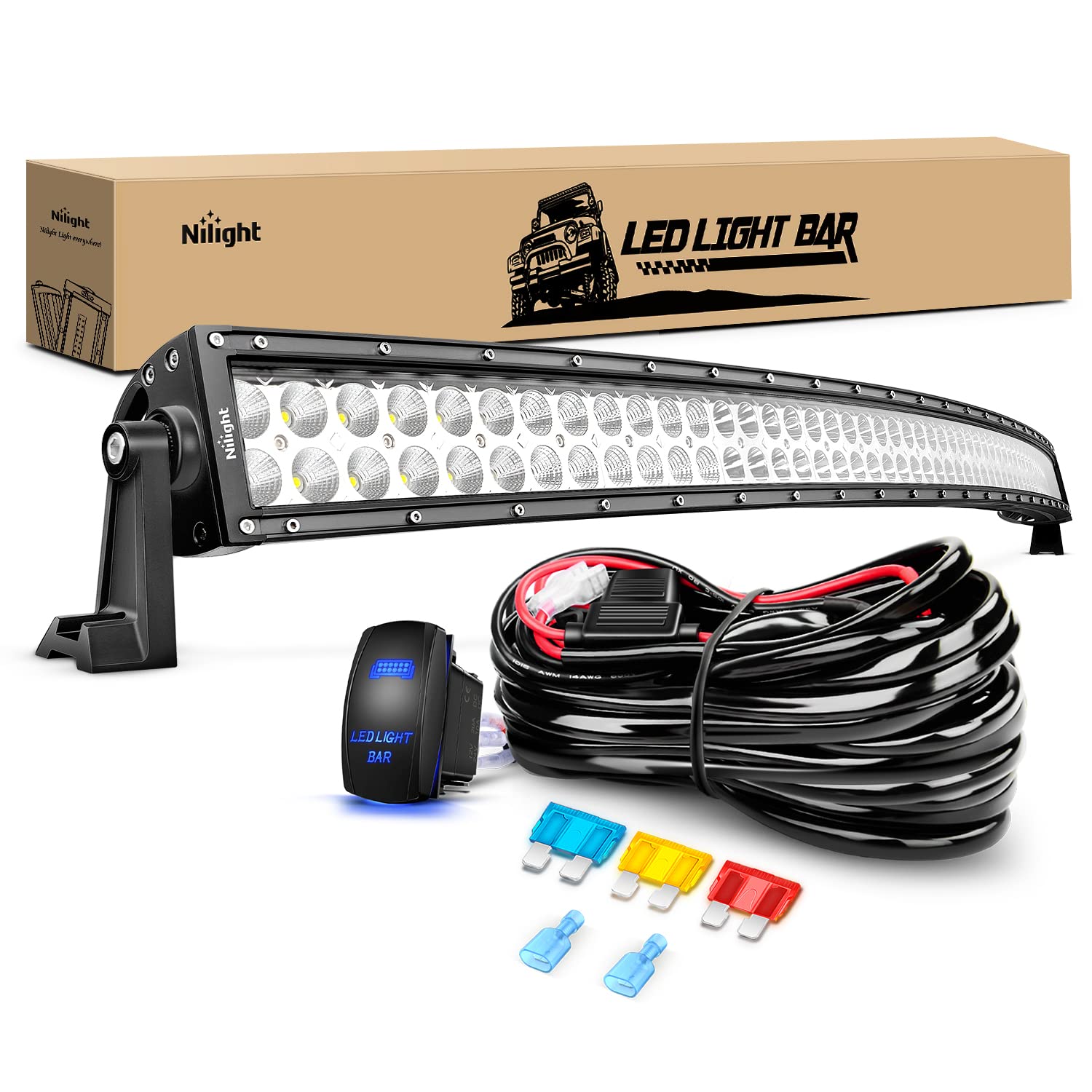 Nilight 54 Inch 312W Curved Spot Flood Combo Led Light Bar Led Off Road Light Driving Light And 1Pc 14Awg 12V 5Pin Rocker Switch