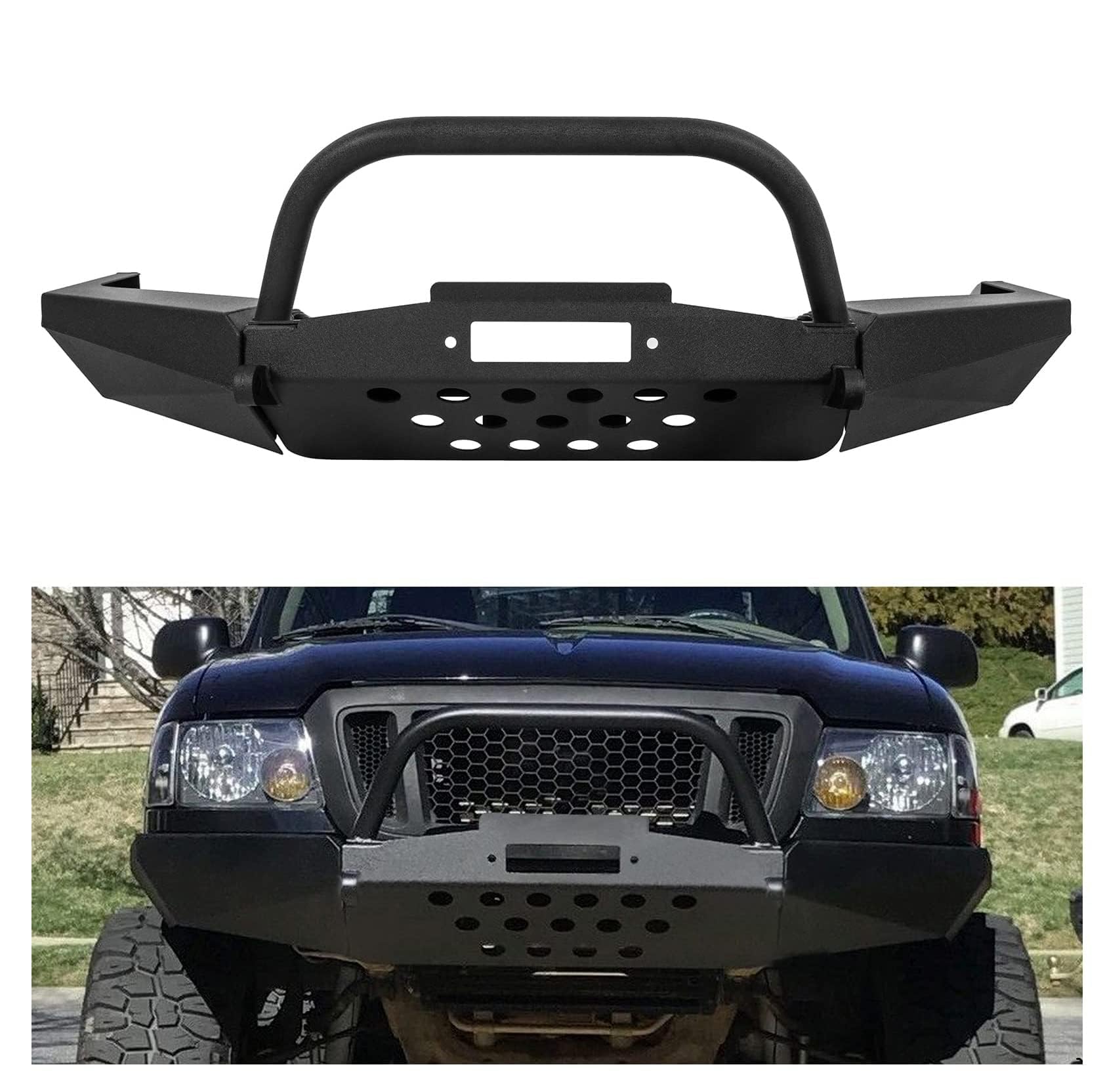 ECOTRIC Front Bumper Compatible with 1998-2011 Ford Ranger W/Winch Plate Bull Bar D-Ring Mounts Bumper Assembly Steel Powder Coa