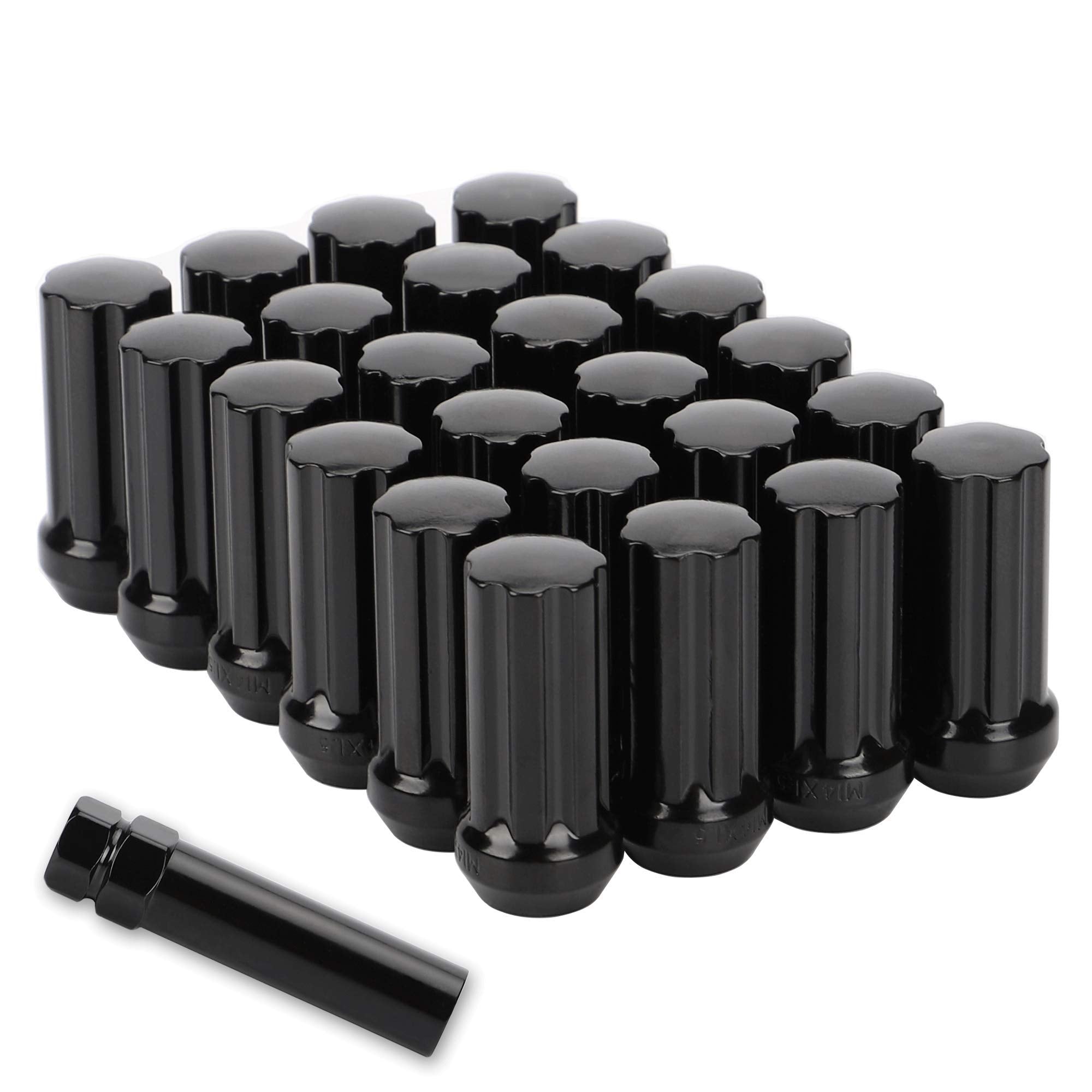 14mmx1.5 Wheel Lug Nuts, 24 pcs Black M14x1.5 Lug Nut Closed End Long Extended XL Spline with 1 Socket Key for Chevy GMC 6 Lug A