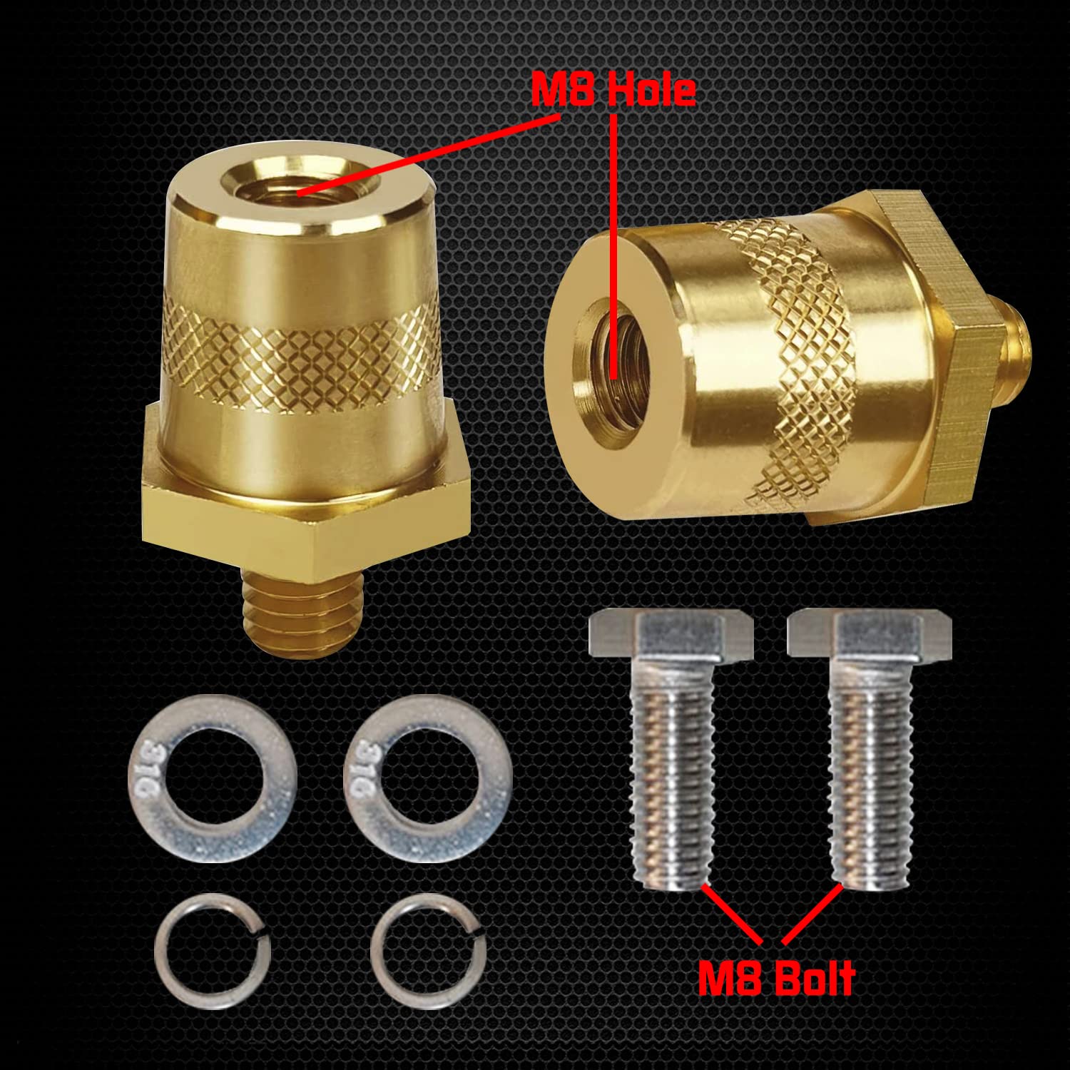 Ampper M8 Thread Male Brass Battery Terminal Charging Posts, M8 Battery Post Adapter (+/-) With Top Bolts For Extension, Pack Of