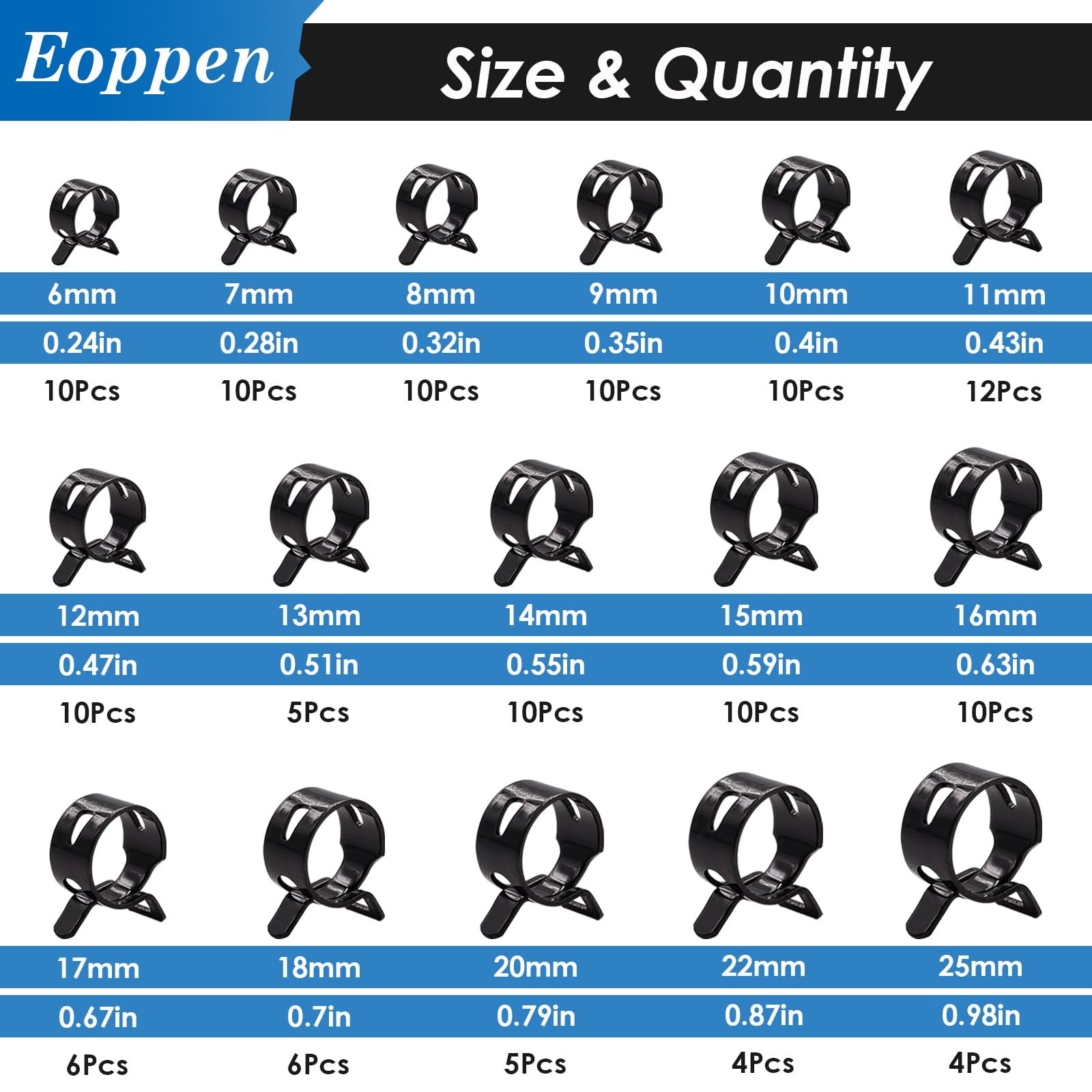 Eoppen 132Pcs 6-25Mm Spring Hose Clamps Assortment Kit With Swivel Flat Band Fuel Hose Clamp Plier - 16 Sizes Fuel Line Silicone
