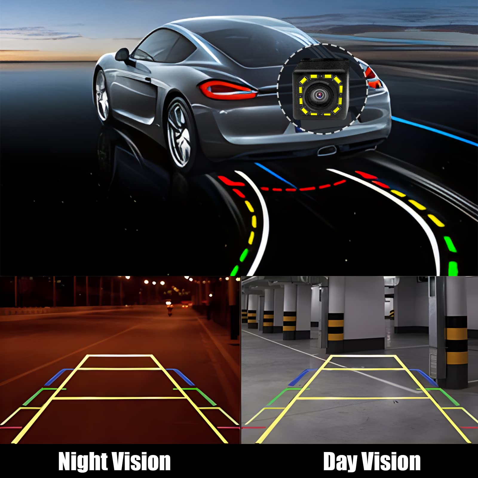 Quicto Car Backup Camera, Waterproof Ultra Hd 12 Led Night Vision Rear View Camera, 170 Wide View Angle Long License Plate Frame