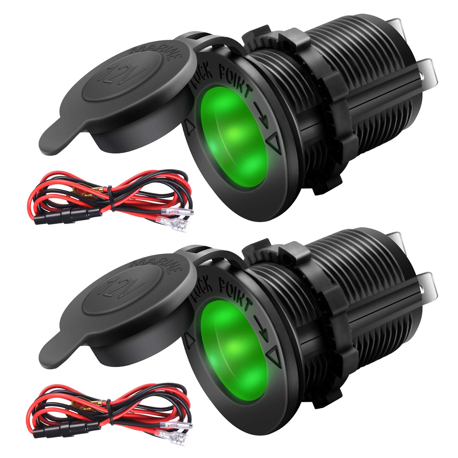 Zhsms Universal 12V/24V Car Cigarette Lighter Socket Replacement With Green Led For Car Marine Motorcycle Atv Rv And More, Water