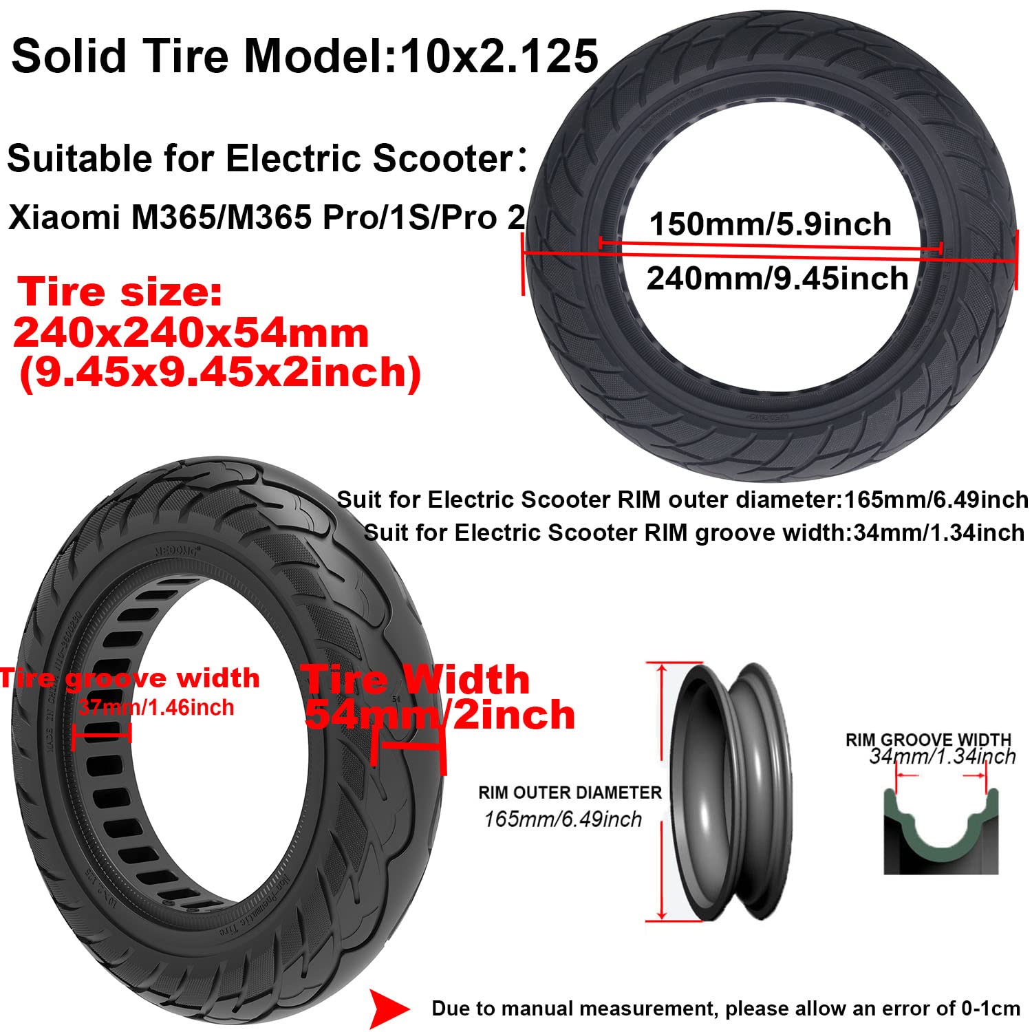 BAIBIKING 1 Pcs Rubber Solid Tires 10x2.125 for Xiaomi M365 and Gotrax G4 Electric Scooter Wheels Replacement Tire Front or Rear