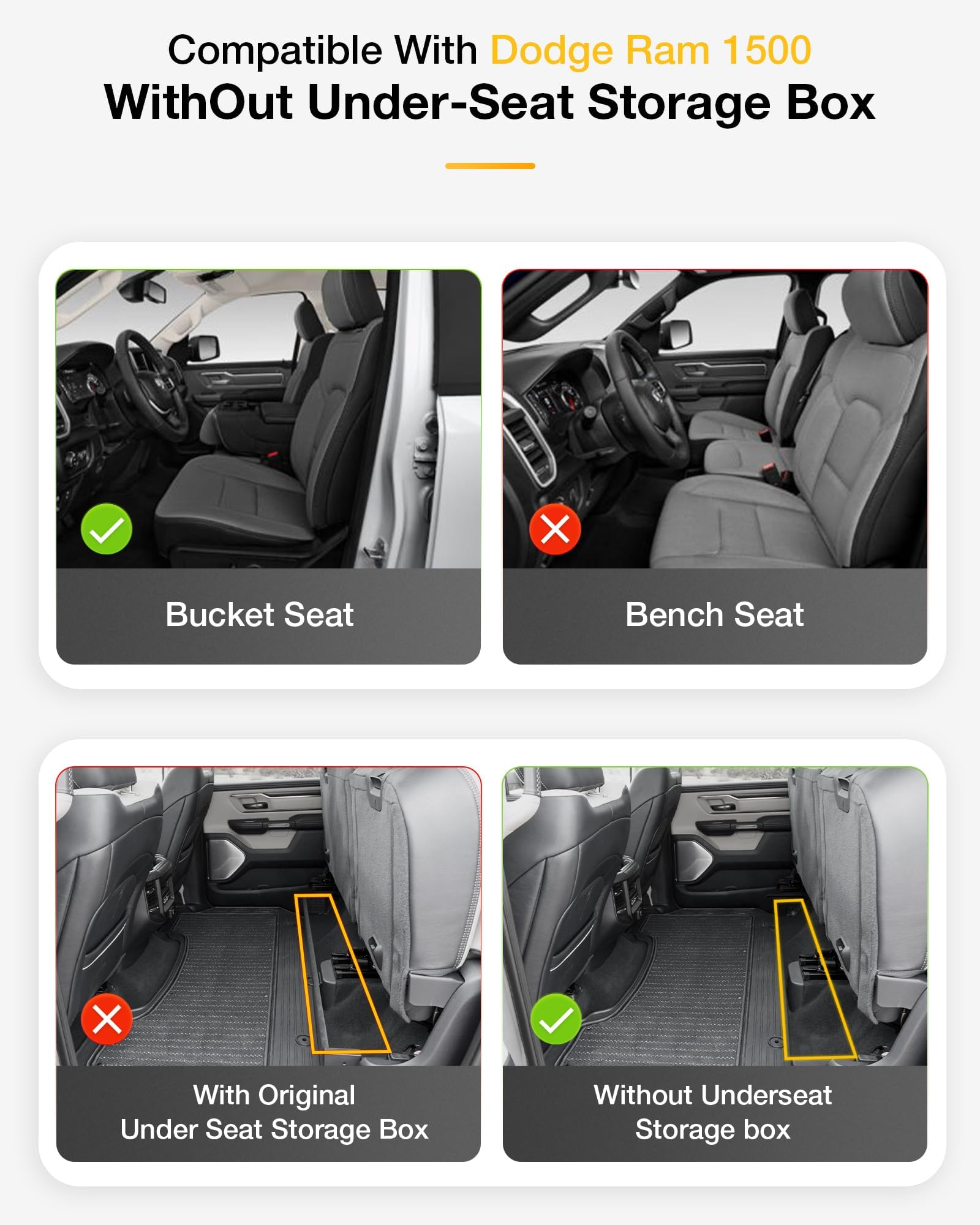 3W Floor Mats Fit For 2025 Dodge Ram 1500 (W/O Rear Under-Seat Factory Storage Bucket Seat), Tpe All Weather Custom Fit Floor Li