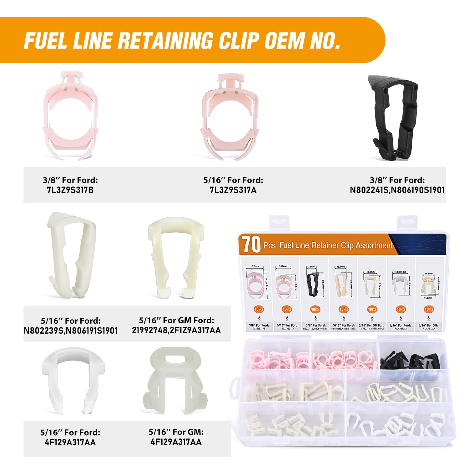 GOOACC 70Pcs Fuel Line Retaining Clips Kit - 3/8 & 5/16 Hose Pipe Clips Compatible with Ford GM