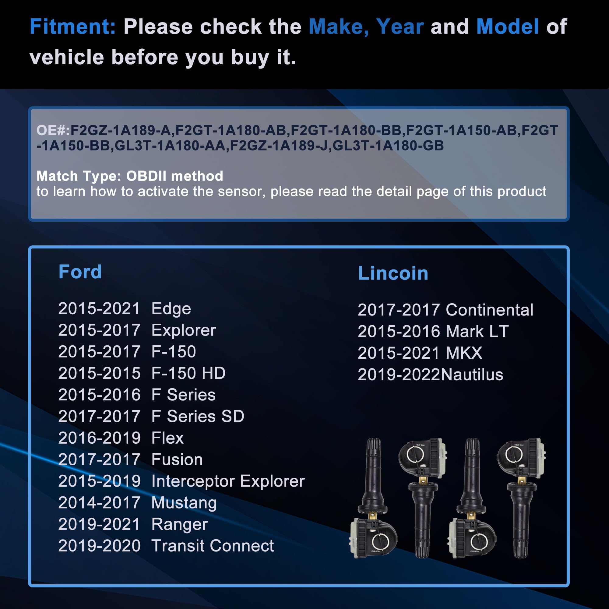 Tire Pressure Sensor 315Mhz Tpms Sensors 1Pcs Compatible With Ford F150 Edge Explorer Mus Tang Lincoln Mkt Replaces F2Gz-1A189-A