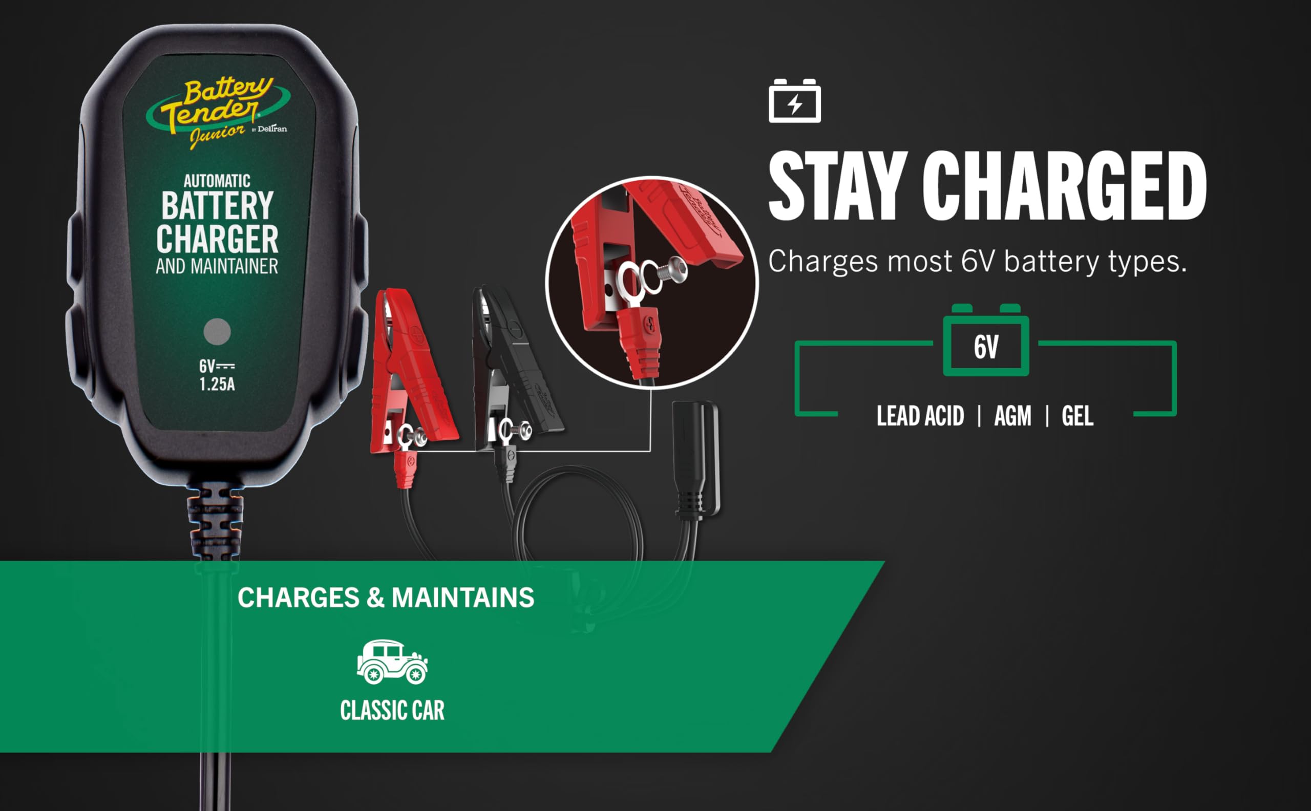 Battery Tender Junior 6V, 1.25 Amp Battery Charger And Maintainer: Fully Automatic 6V Automotive Battery Charger For Cars, Motor