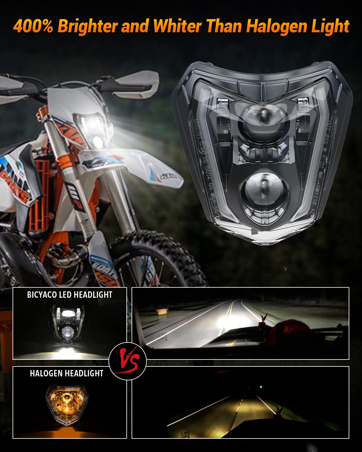 BICYACO Dirt Bike Headlight, 66W 3000LM DOT LED Headlight with DRL High Low Beam, Compatible with Enduro Motorcycle Pit Bike ATV