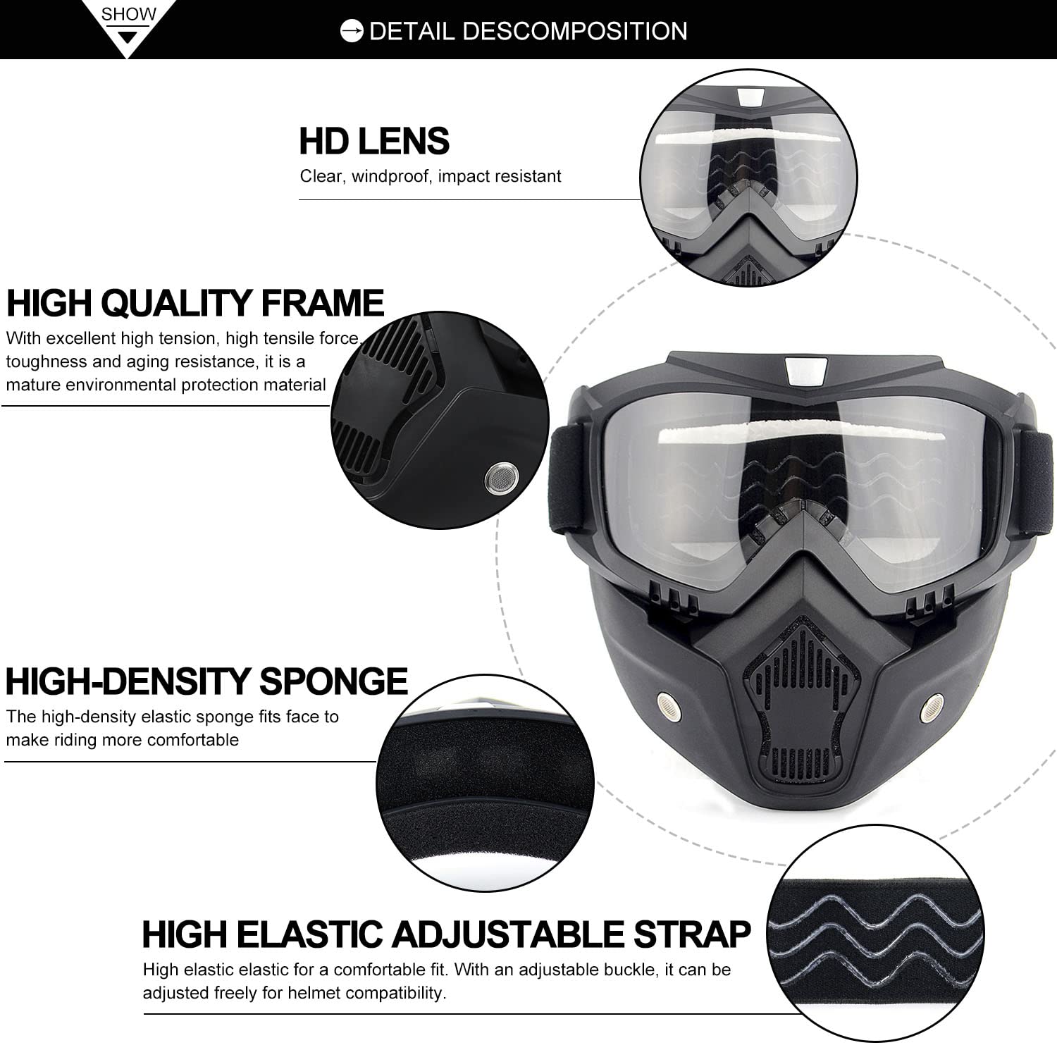 SPOSUNE Motorcycle Goggles Detachable Face Mask, ATV Dirt Bike Paintball Goggle Anti-Scratch UV400 Eyewear for Men Women